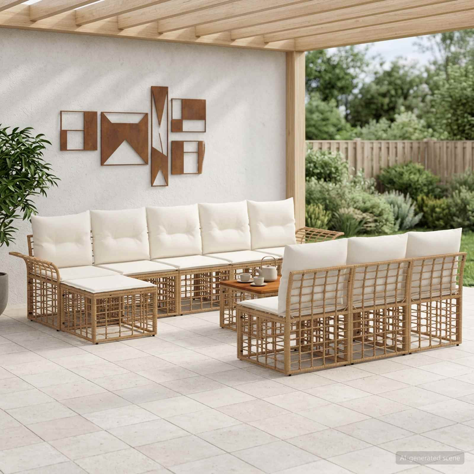 vidaXL Outdoor-Sofagarnitur 11 pcs Natürlich und Cremweiß Polyester
