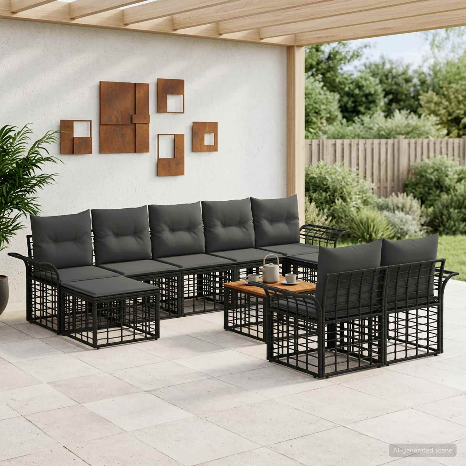 vidaXL Outdoor-Sofagarnitur 10 pcs Schwarz und Dunkelgrau Polyester