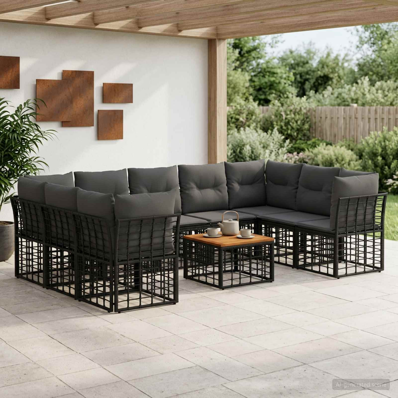 vidaXL Outdoor-Sofagarnitur 10 pcs Schwarz und Dunkelgrau Polyester