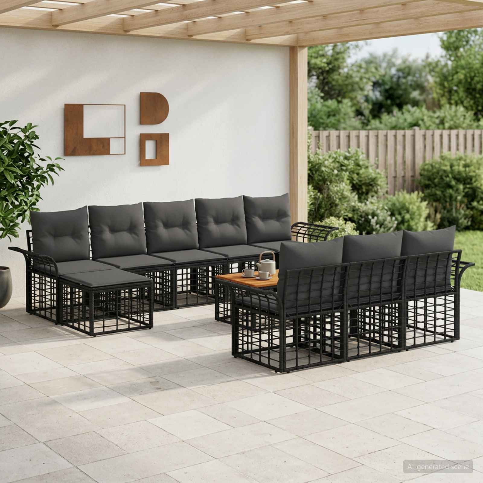 vidaXL Outdoor-Sofagarnitur 11 pcs Schwarz und Dunkelgrau Polyester