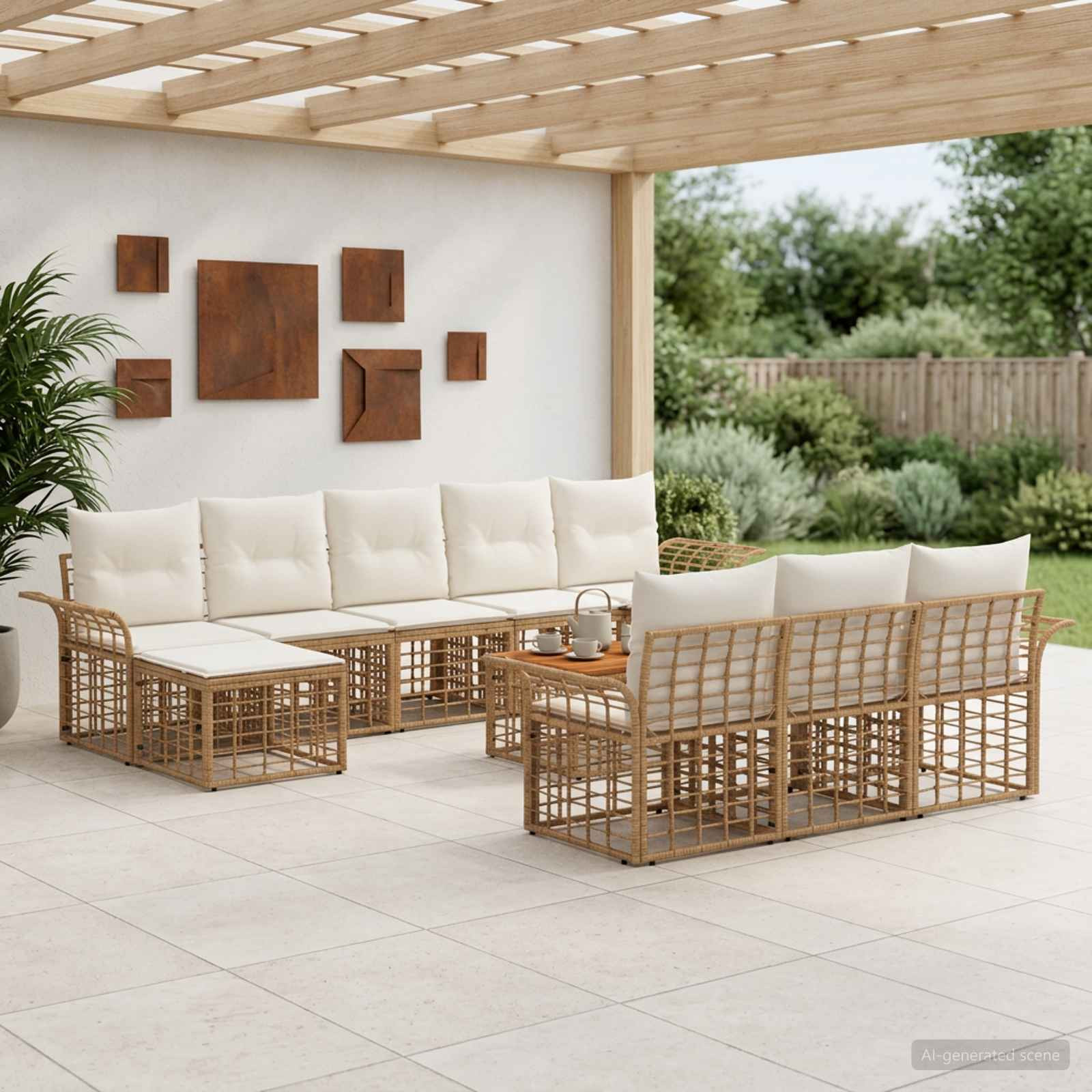 vidaXL Outdoor-Sofagarnitur 11 pcs Natürlich und Cremweiß Polyester