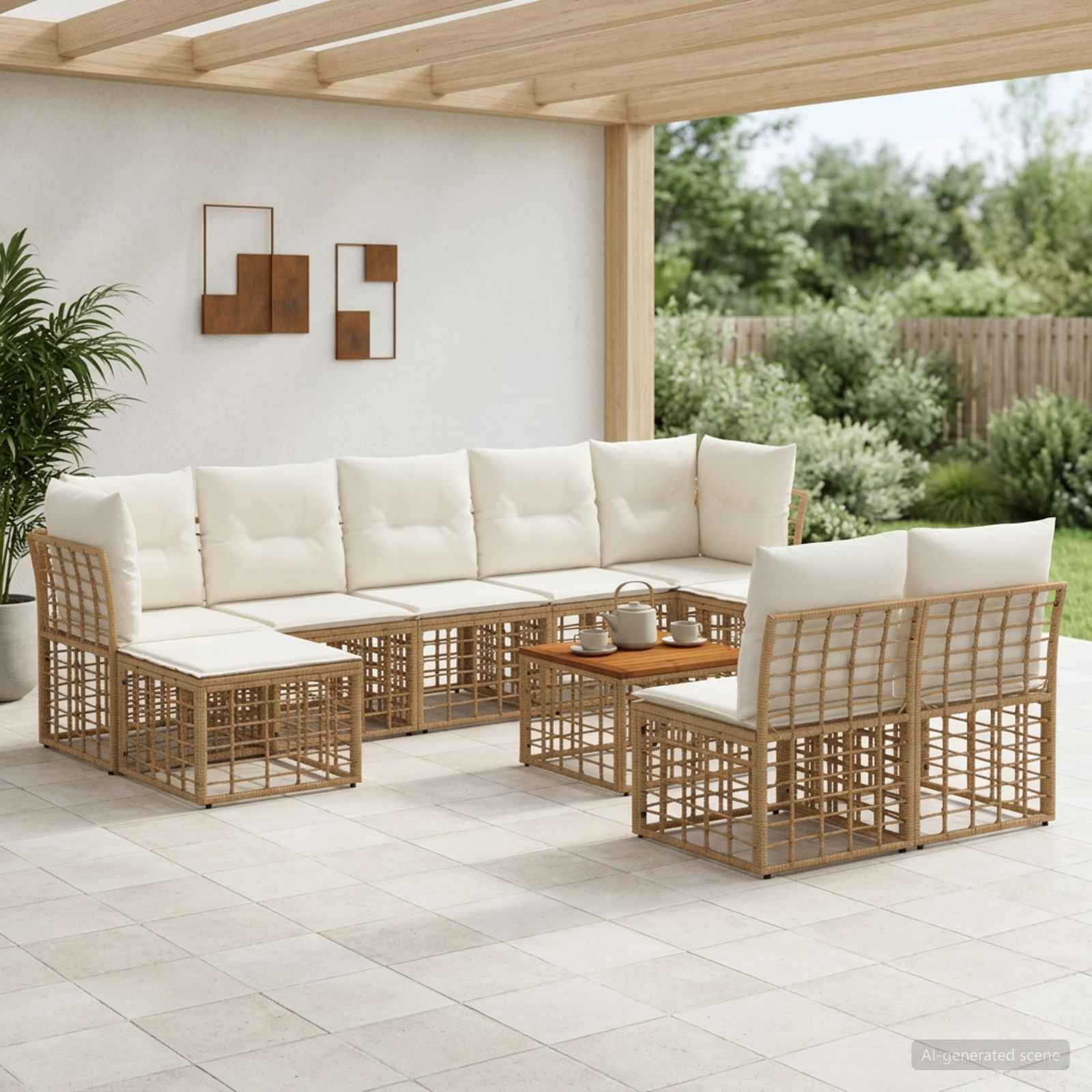 vidaXL Outdoor-Sofagarnitur 10 pcs Natürlich und Cremweiß Polyester