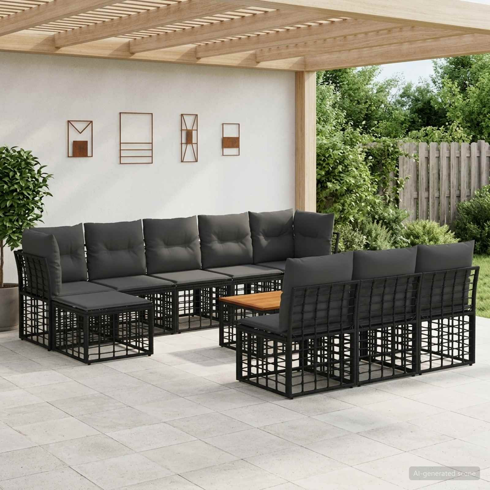 vidaXL Outdoor-Sofagarnitur 11 pcs Schwarz und Dunkelgrau Polyester