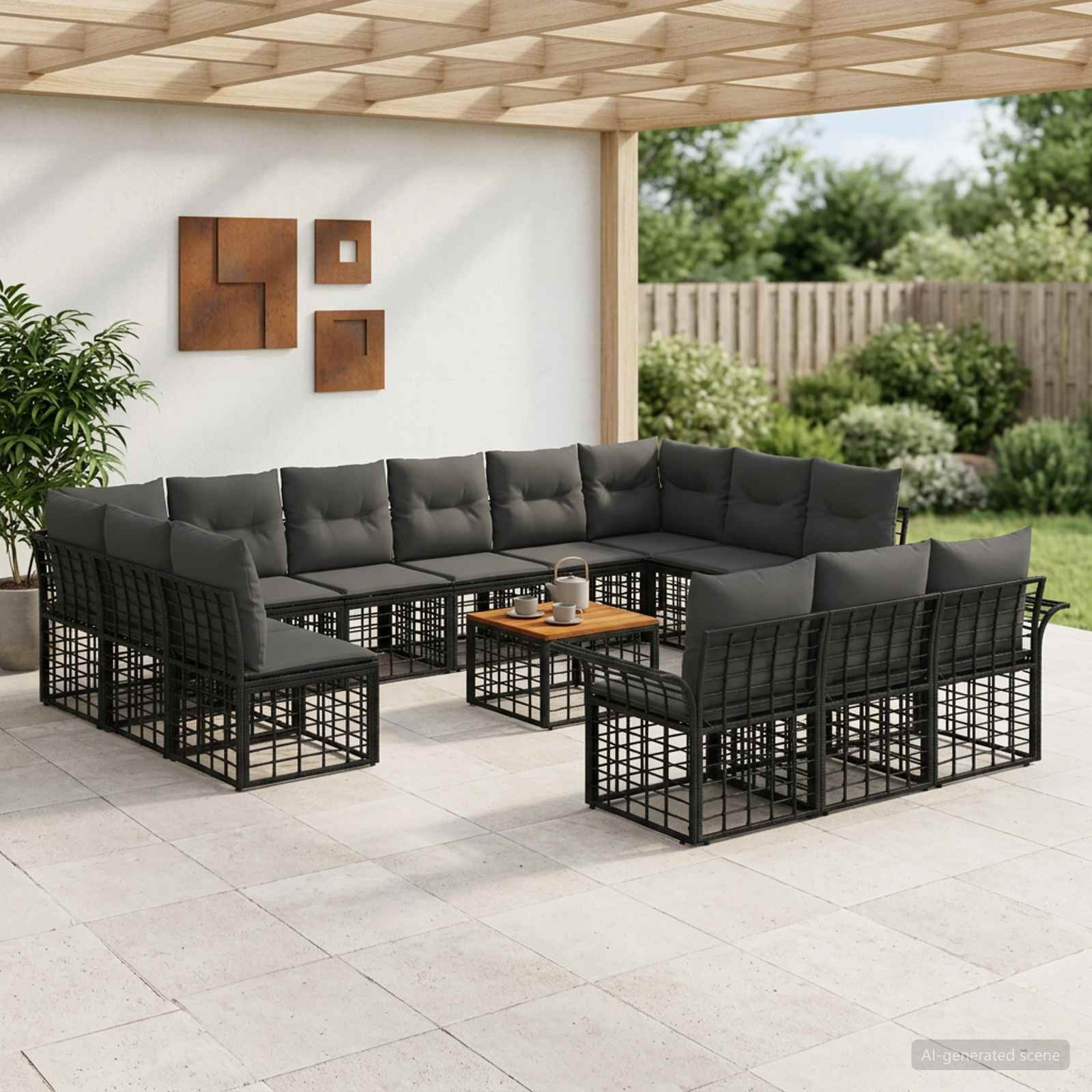 vidaXL Outdoor-Sofagarnitur 14 pcs Schwarz und Dunkelgrau Polyester