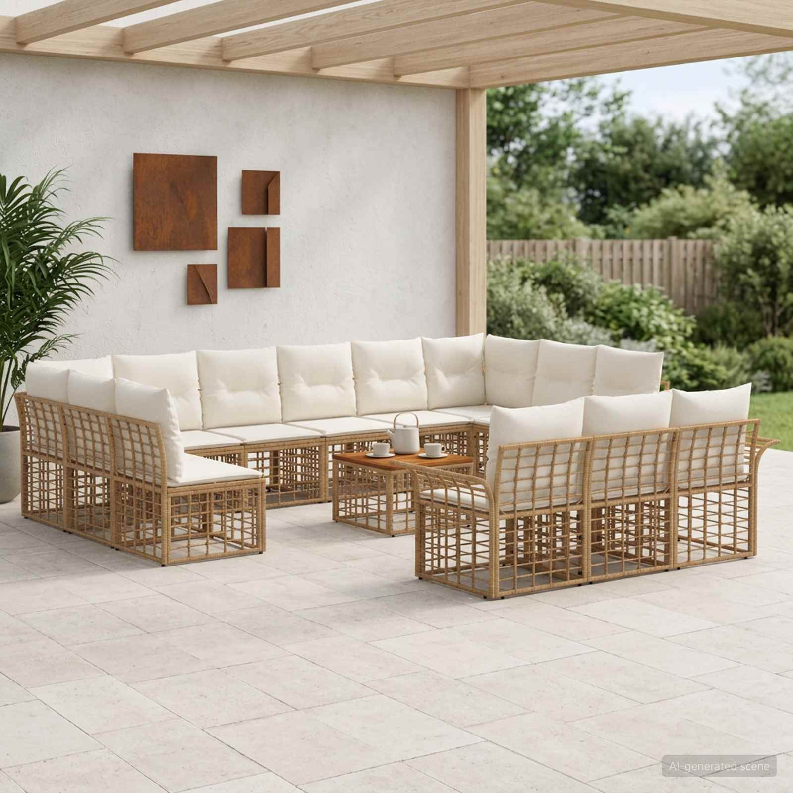 vidaXL Outdoor-Sofagarnitur 14 pcs Natürlich und Cremweiß Polyester