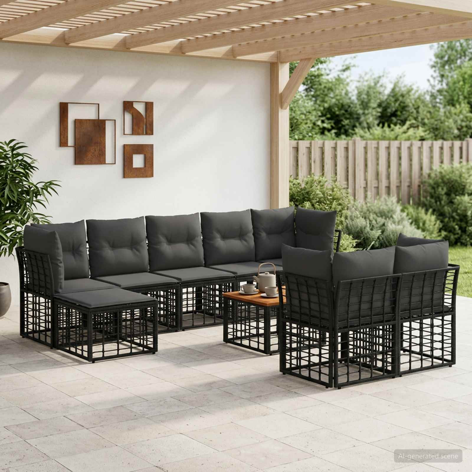 vidaXL Outdoor-Sofagarnitur 10 pcs Schwarz und Dunkelgrau Polyester