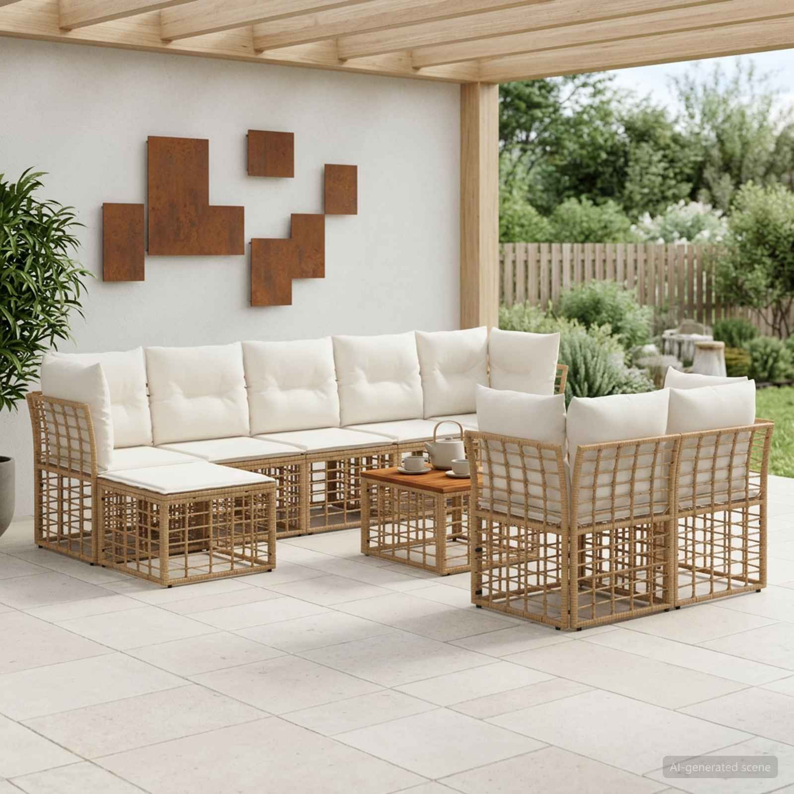 vidaXL Outdoor-Sofagarnitur 10 pcs Natürlich und Cremweiß Polyester