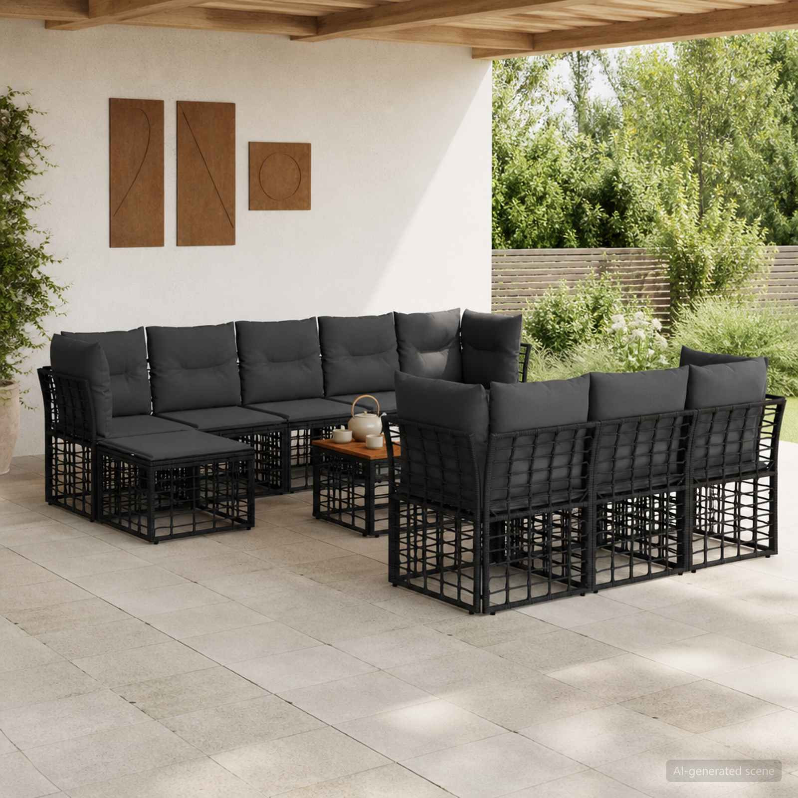 vidaXL Outdoor-Sofagarnitur 11 pcs Schwarz und Dunkelgrau Polyester