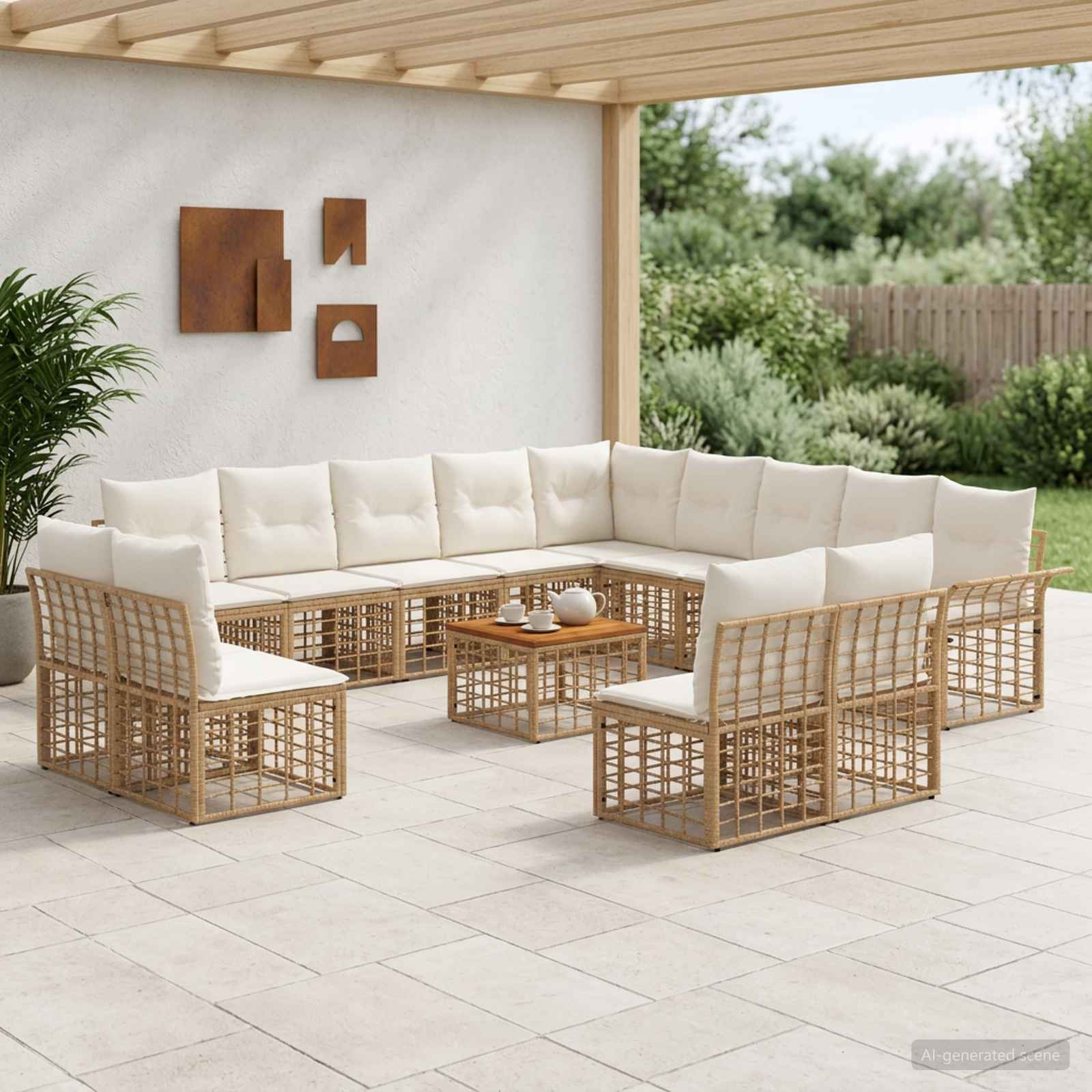 vidaXL Outdoor-Sofagarnitur 14 pcs Natürlich und Cremweiß Polyester