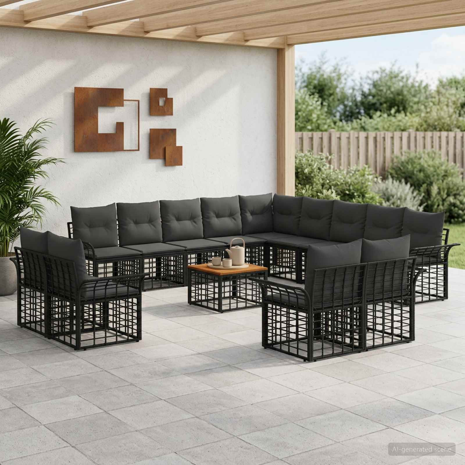 vidaXL Outdoor-Sofagarnitur 14 pcs Schwarz und Dunkelgrau Polyester