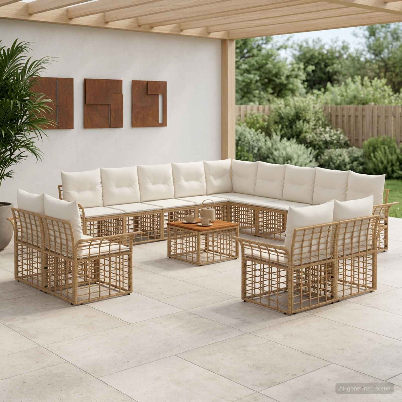 vidaXL Outdoor-Sofagarnitur 14 pcs Natürlich und Cremweiß Polyester