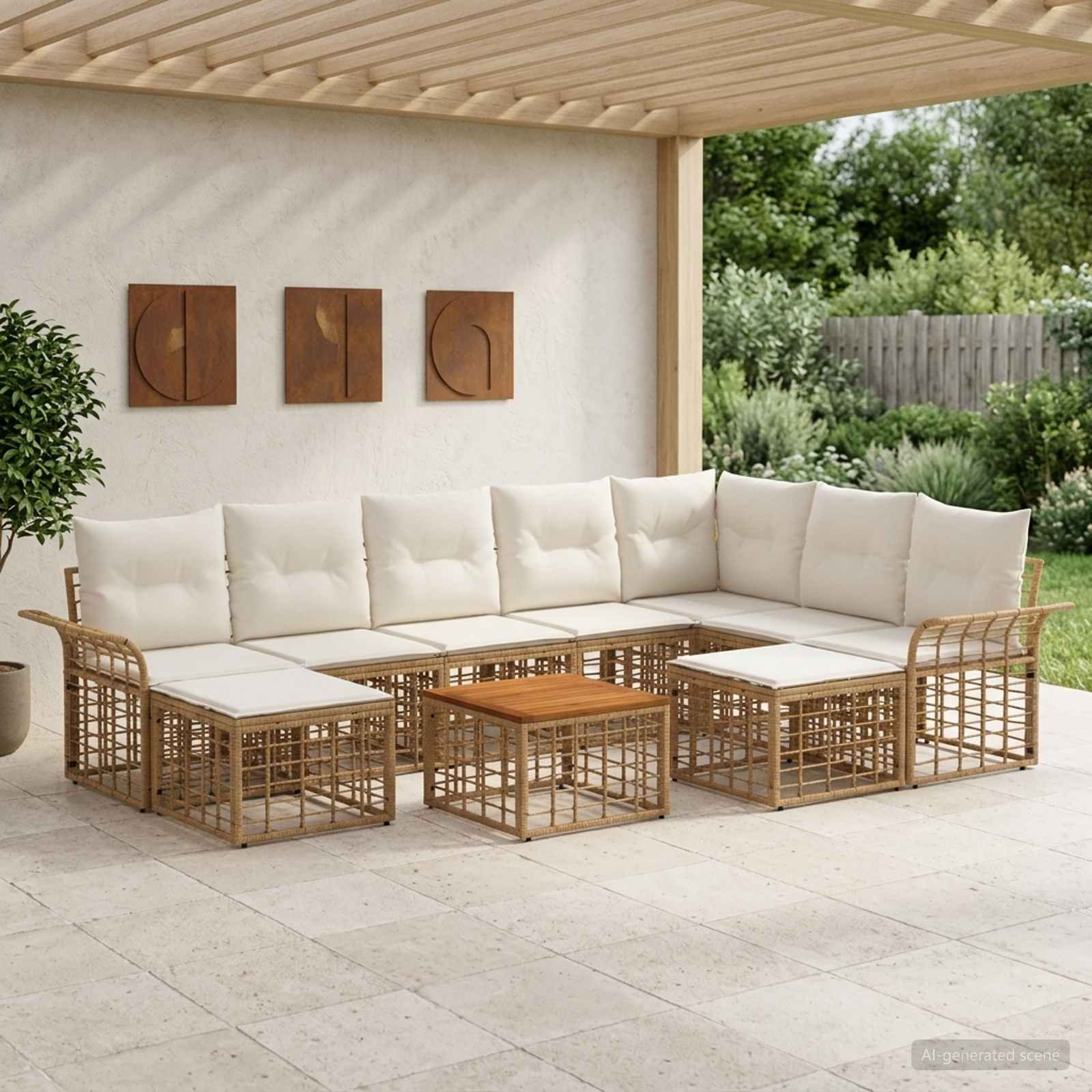 vidaXL Outdoor-Sofagarnitur 10 pcs Natürlich und Cremweiß Polyester
