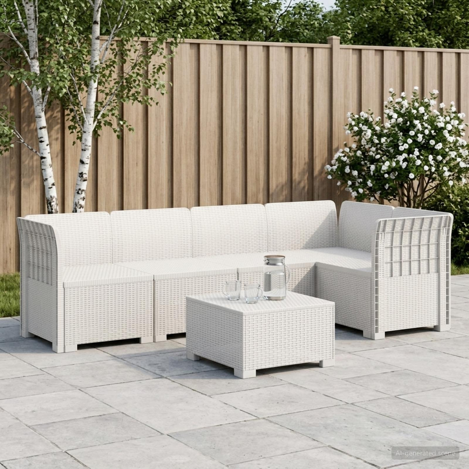 vidaXL 5-Sitzer Gartensofa Rattan-Look PP Weiß