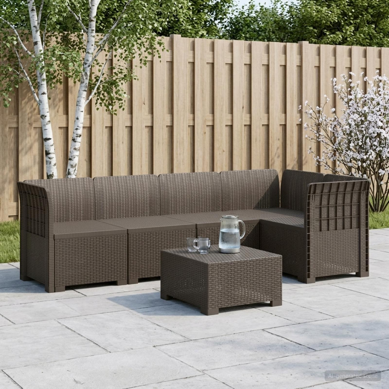 vidaXL 5-Sitzer Gartensofa Rattan-Look PP Hellgrau