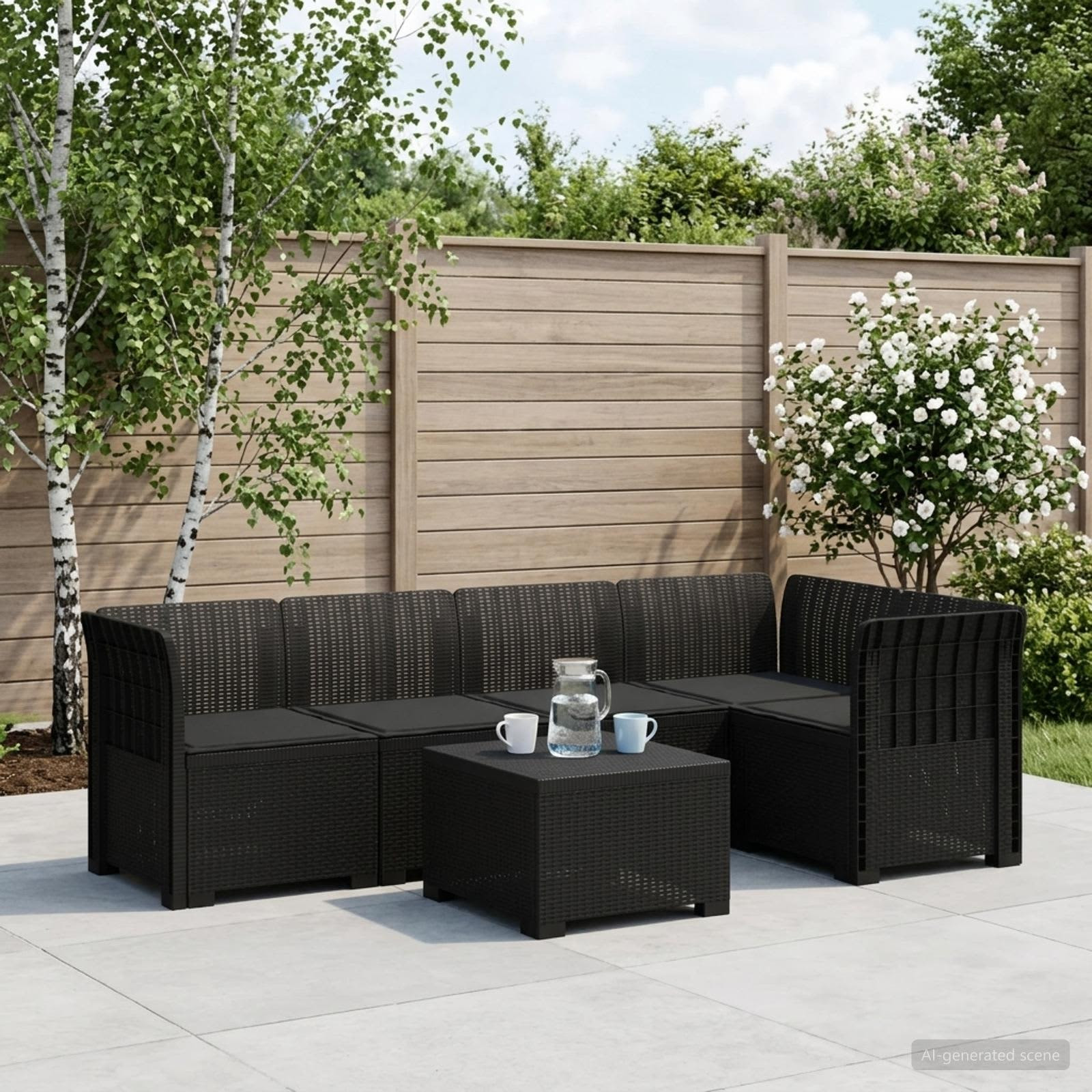 vidaXL 5-Sitzer Gartensofa mit Kissen Rattan-Look PP Anthrazit