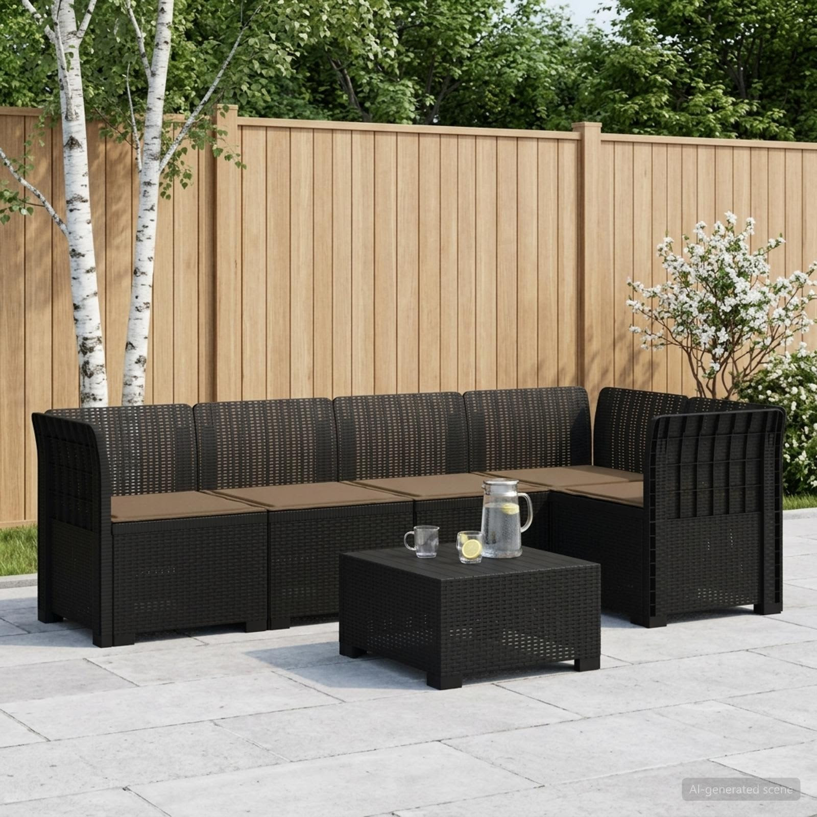vidaXL 5-Sitzer Gartensofa mit Kissen Rattan-Look PP Anthrazit