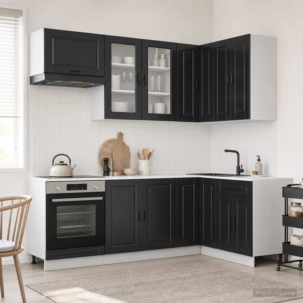 vidaXL Kücheneinheit PORTO 8 pcs Schwarz Holzwerkstoff