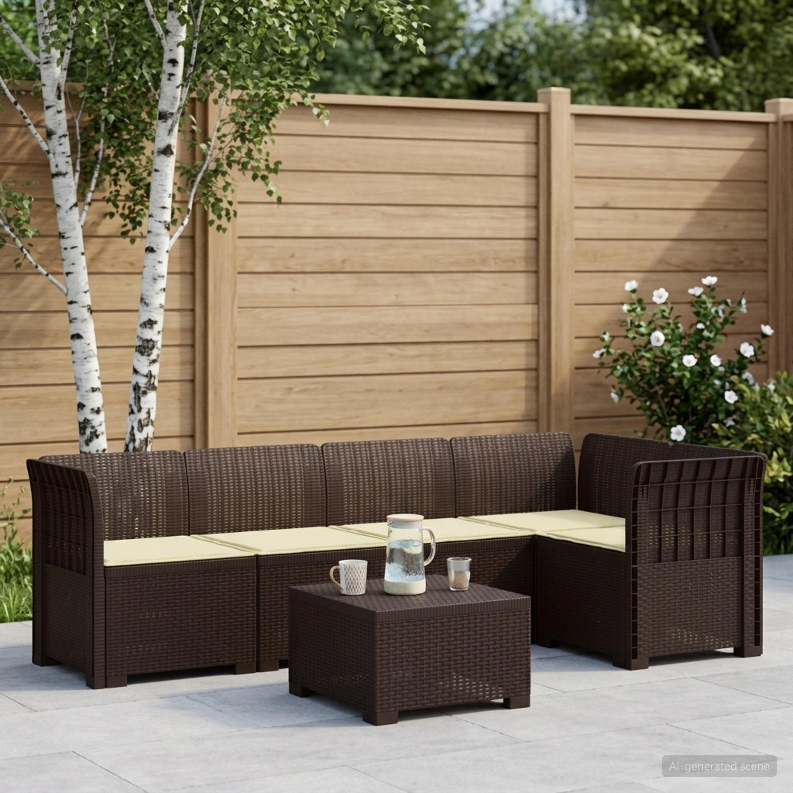 vidaXL 5-Sitzer Gartensofa mit Kissen Rattan-Look PP Braun
