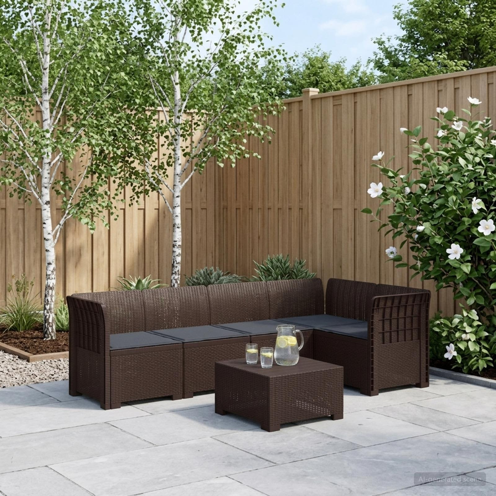 vidaXL 5-Sitzer Gartensofa mit Kissen Rattan-Look PP Braun