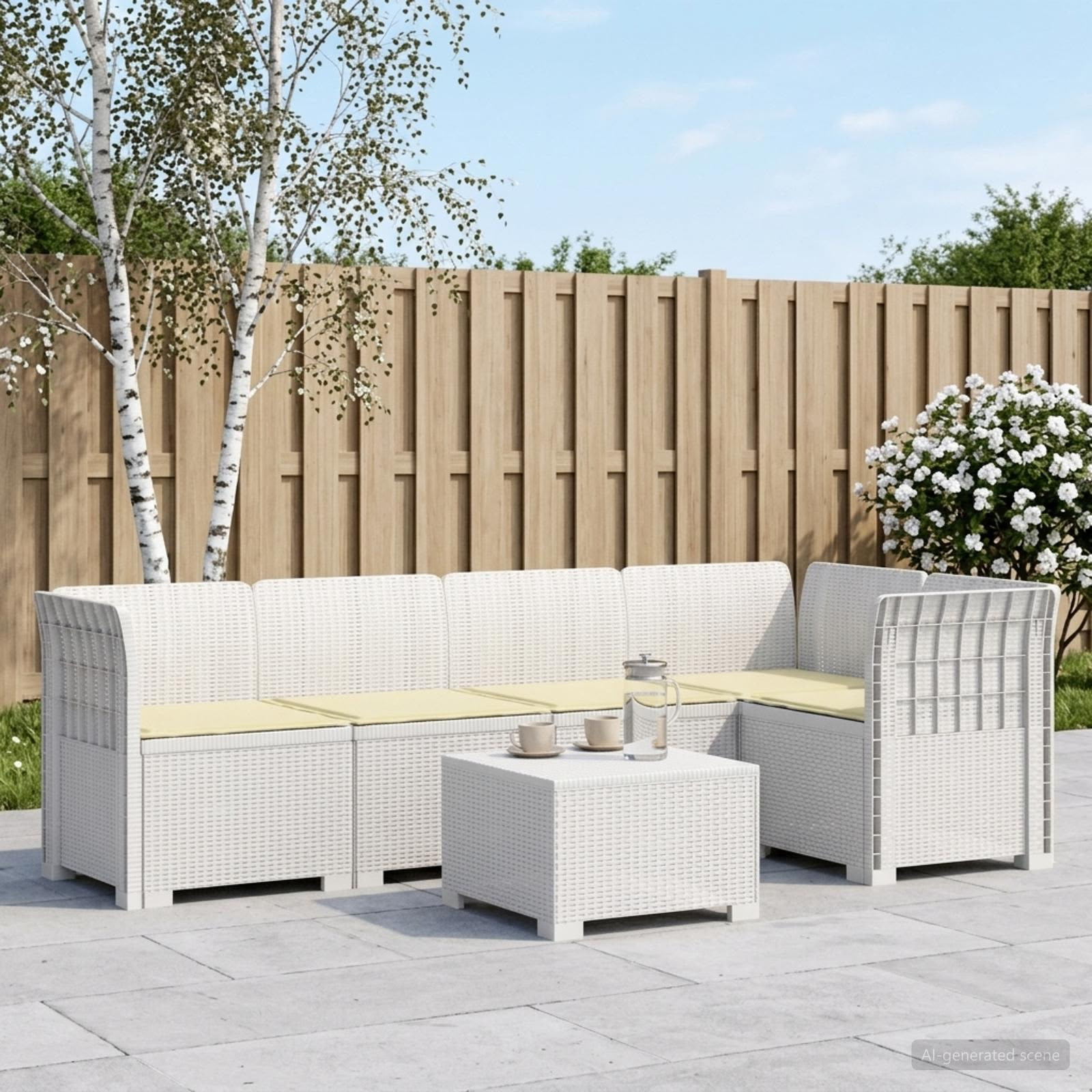 vidaXL 5-Sitzer Gartensofa mit Kissen Rattan-Look PP Weiß