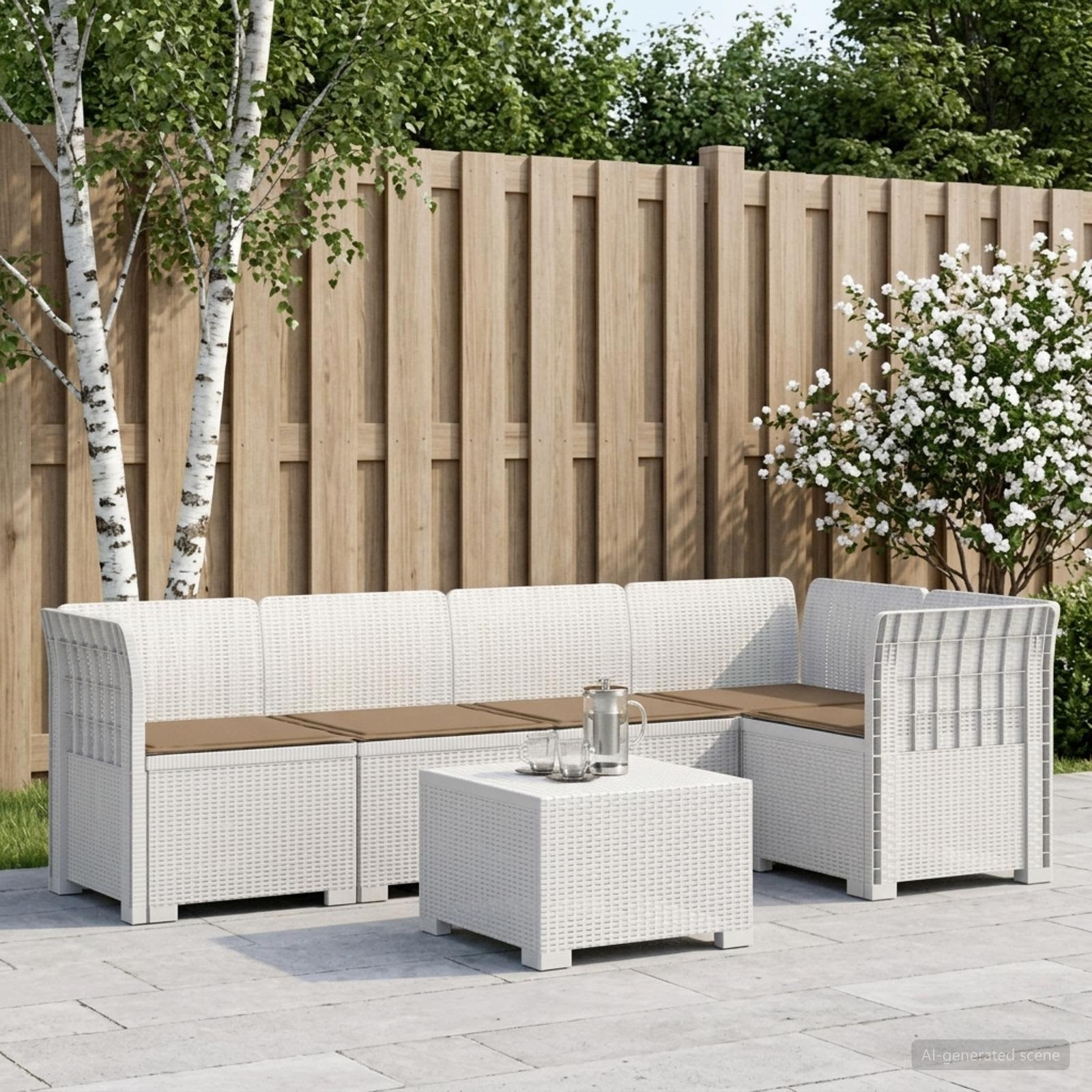 vidaXL 5-Sitzer Gartensofa mit Kissen Rattan-Look PP Weiß