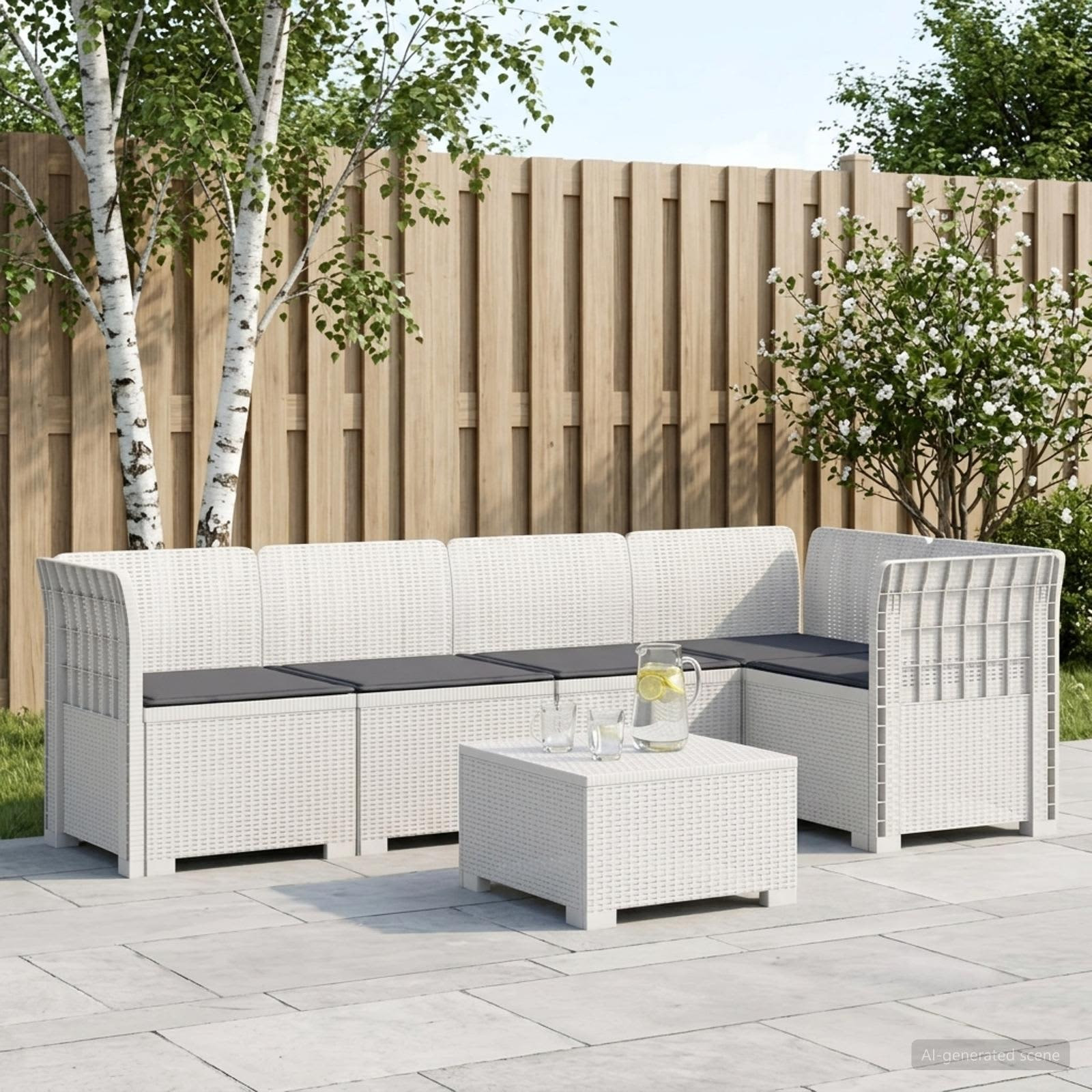 vidaXL 5-Sitzer Gartensofa mit Kissen Rattan-Look PP Weiß