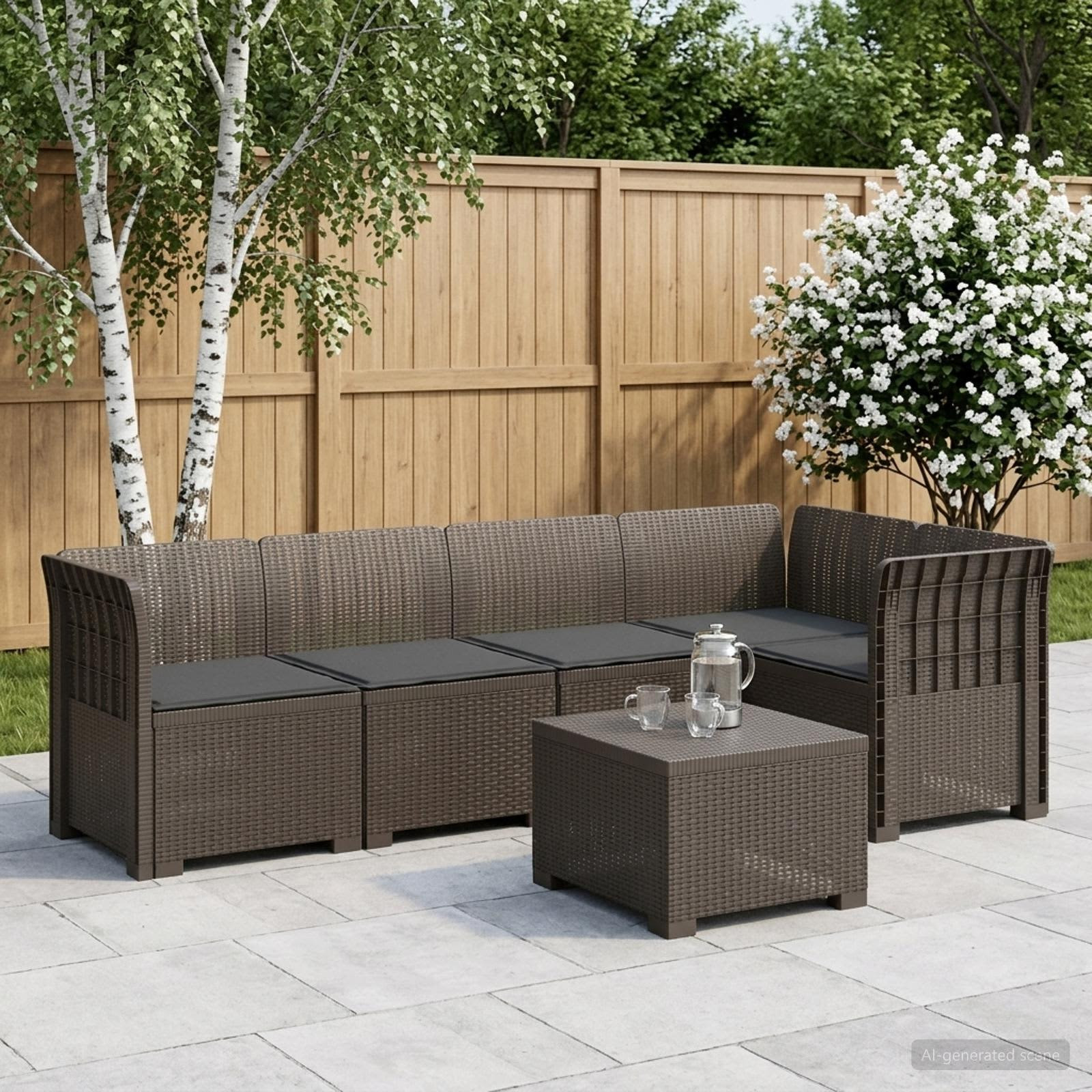 vidaXL 5-Sitzer Gartensofa mit Kissen Rattan-Look PP Hellgrau