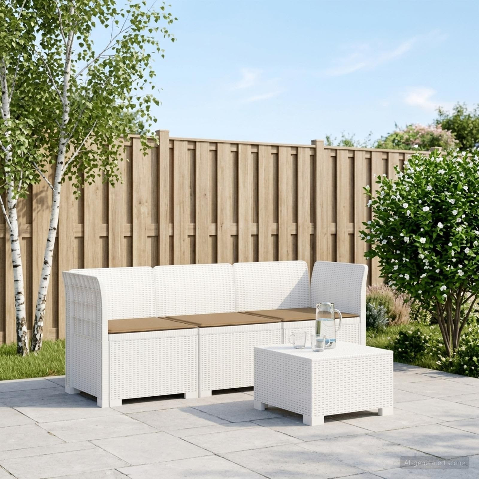 vidaXL 3-Sitzer Garten Sofa mit Kissen Rattan-Look PP Weiß
