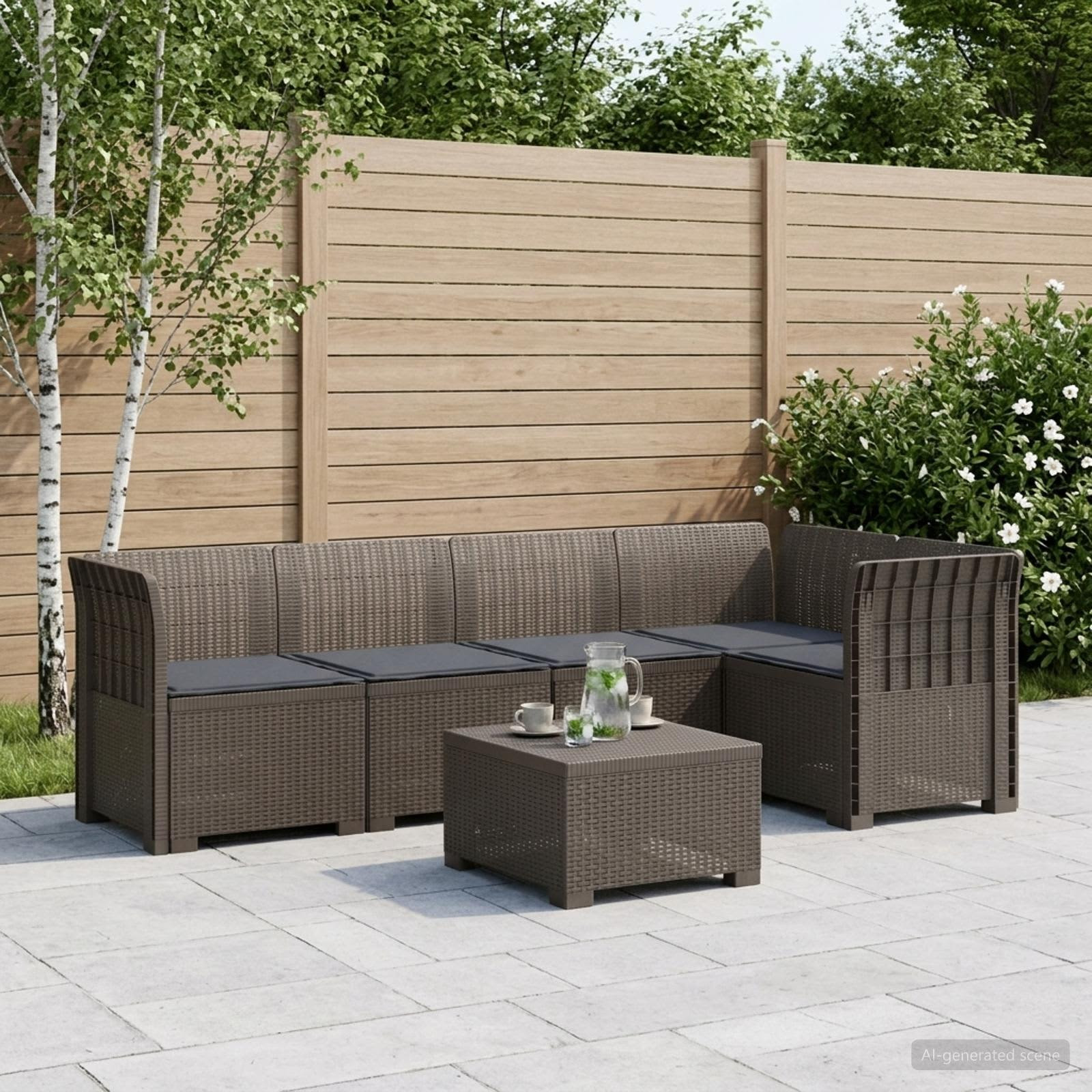 vidaXL 5-Sitzer Gartensofa mit Kissen Rattan-Look PP Hellgrau