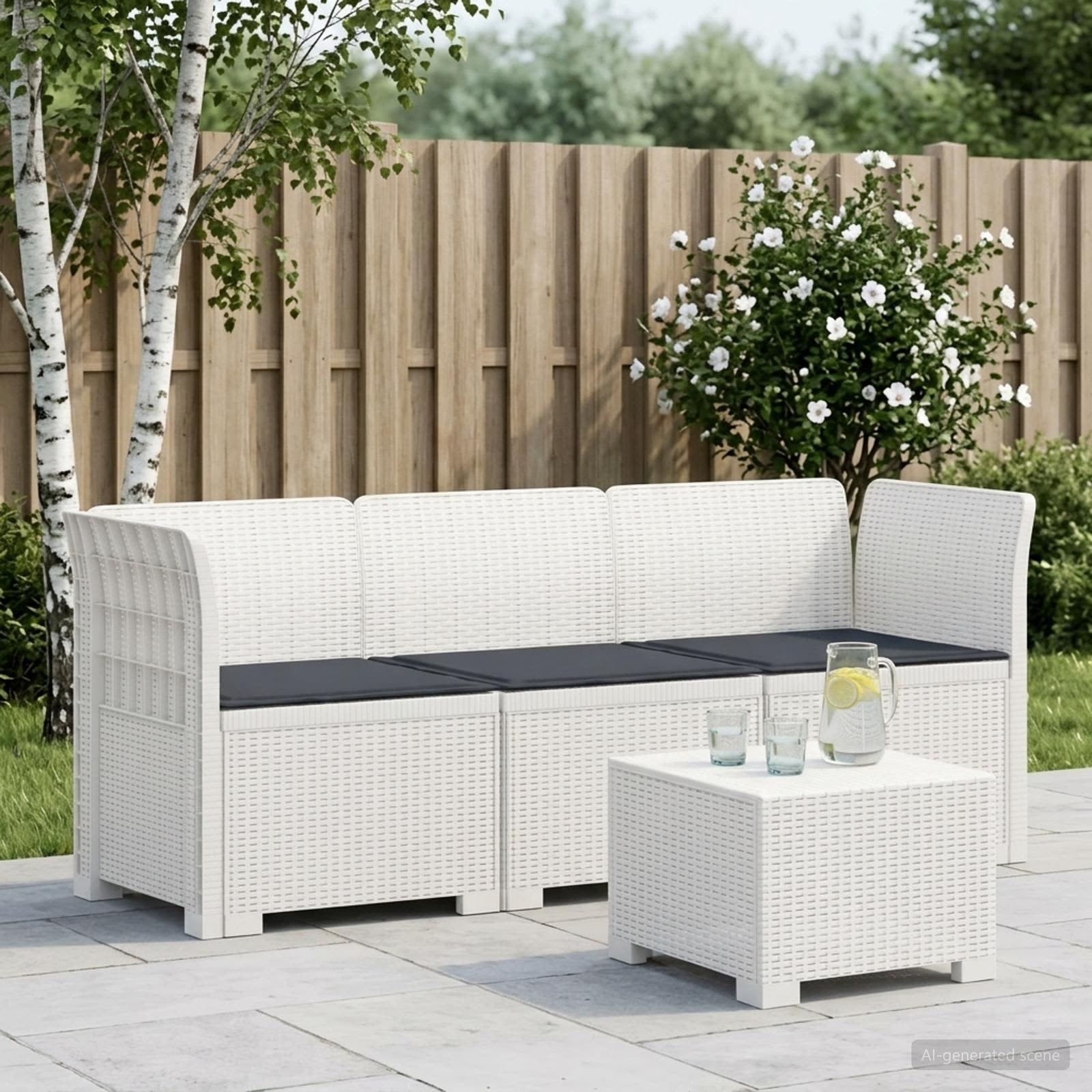 vidaXL 3-Sitzer Garten Sofa mit Kissen Rattan-Look PP Weiß