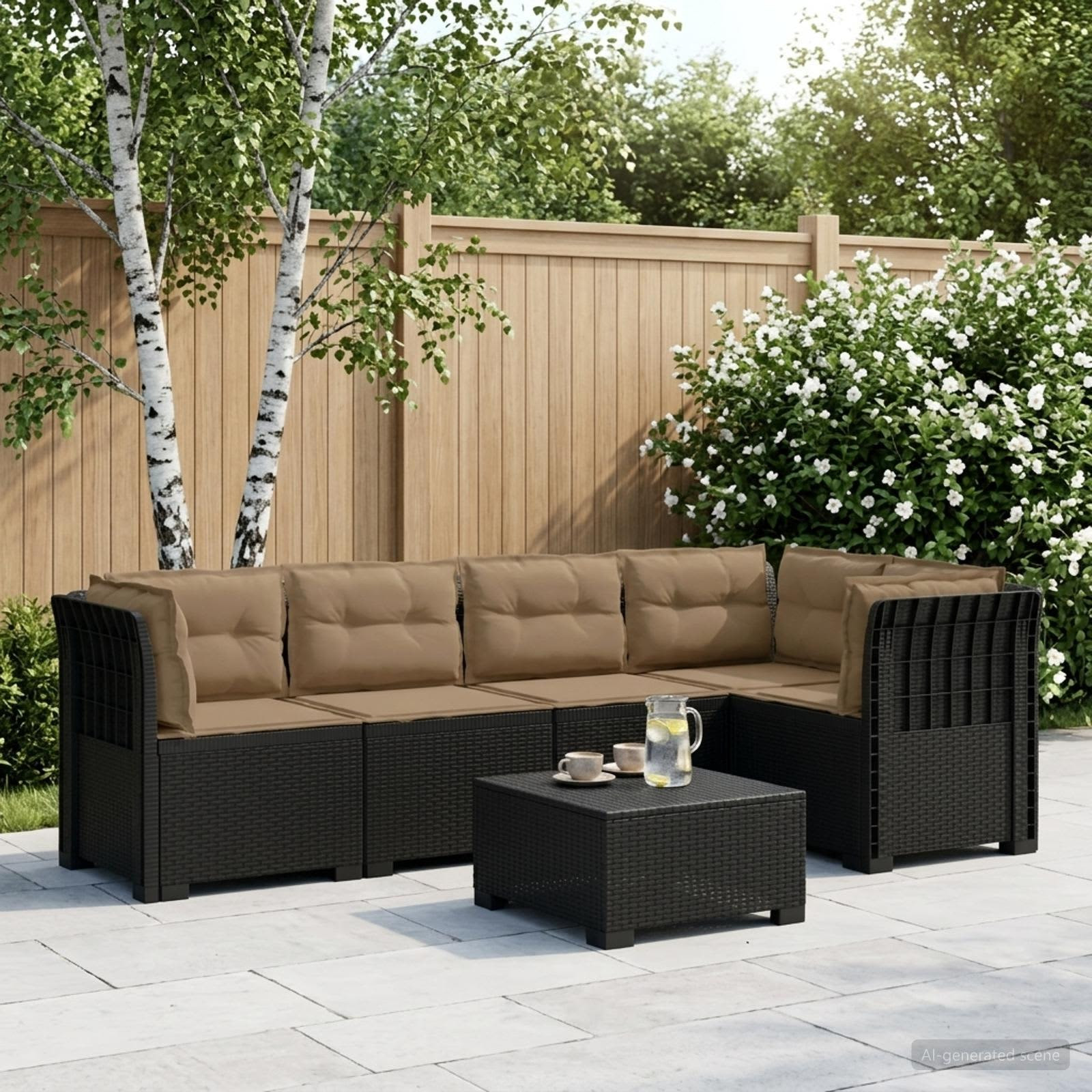 vidaXL 5-Sitzer Gartensofa mit Kissen Rattan-Look PP Anthrazit