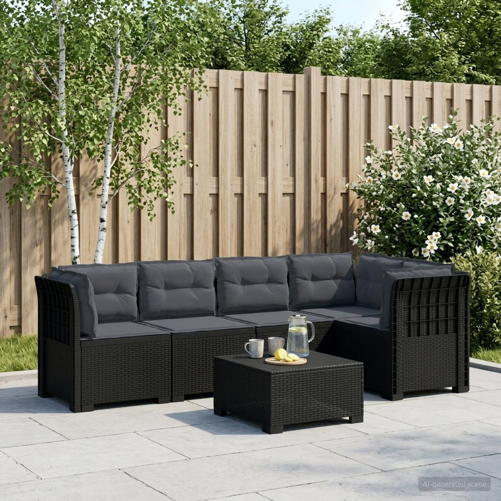 vidaXL 5-Sitzer Gartensofa mit Kissen Rattan-Look PP Anthrazit