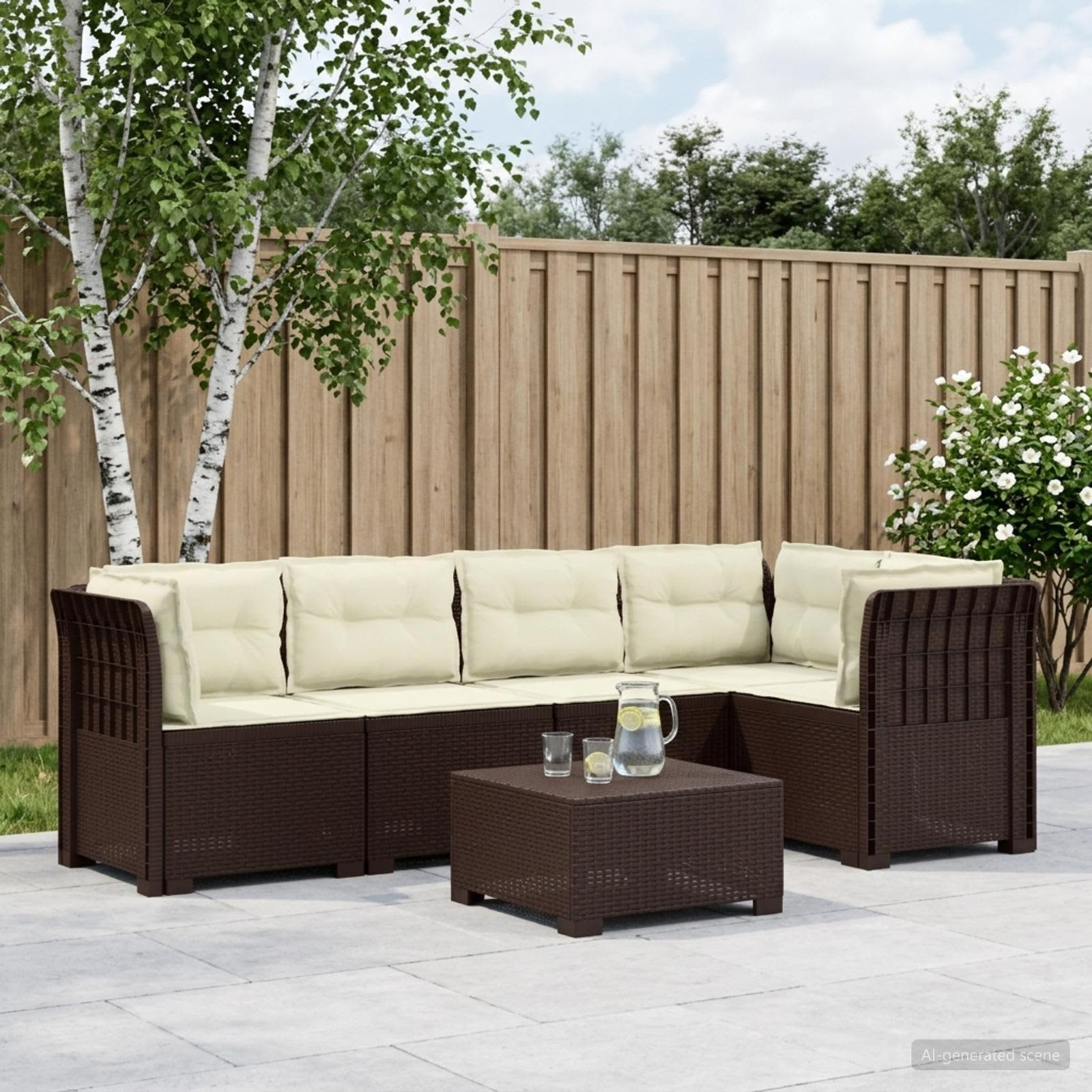 vidaXL 5-Sitzer Gartensofa mit Kissen Rattan-Look PP Braun