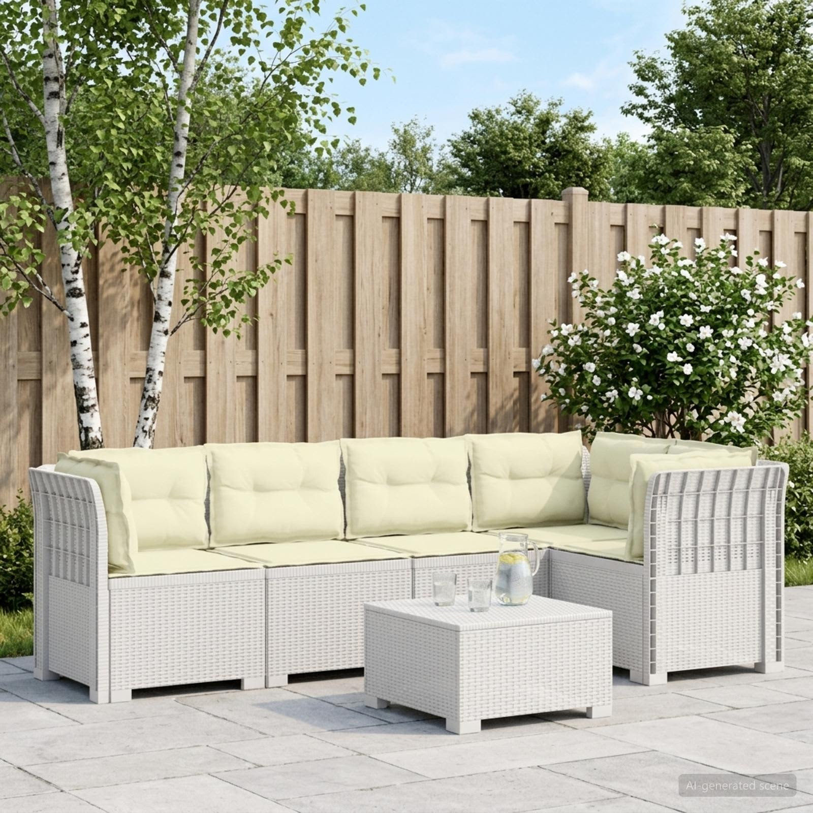 vidaXL 5-Sitzer Gartensofa mit Kissen Rattan-Look PP Weiß