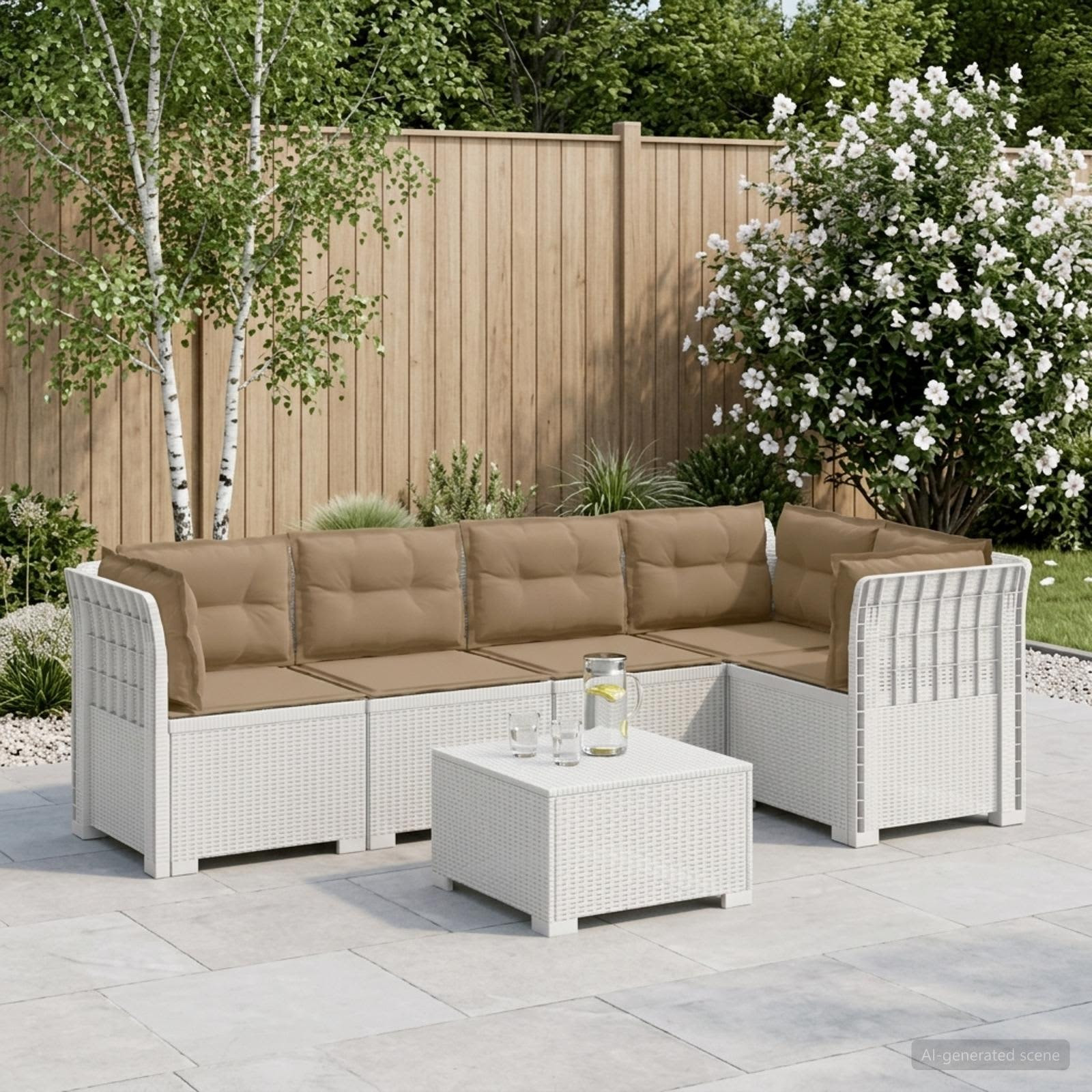 vidaXL 5-Sitzer Gartensofa mit Kissen Rattan-Look PP Weiß