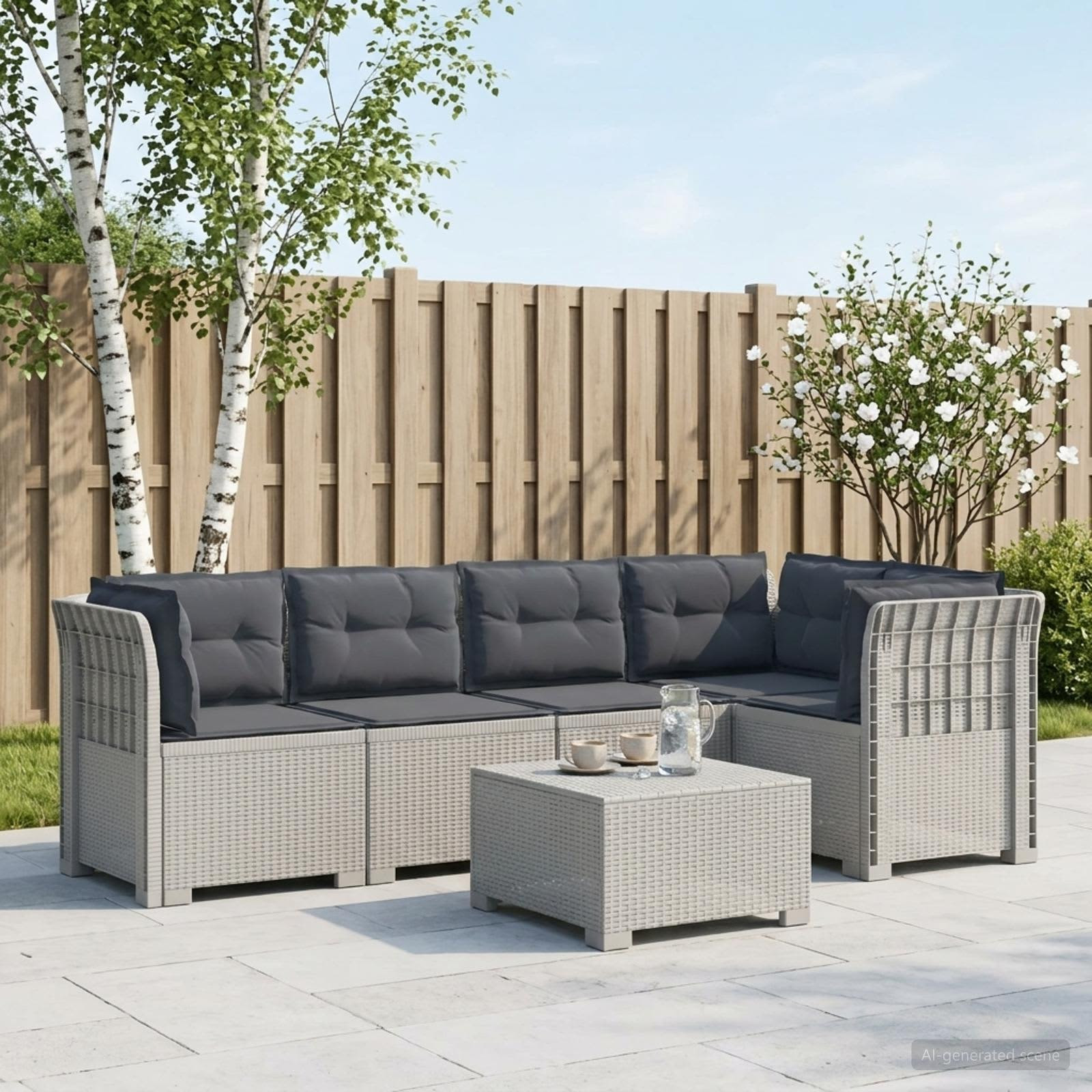 vidaXL 5-Sitzer Gartensofa mit Kissen Rattan-Look PP Weiß