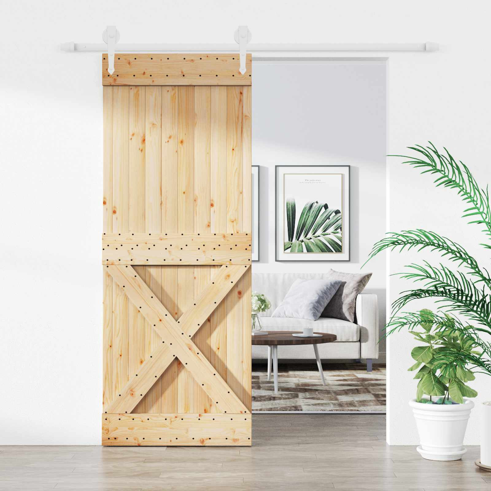 vidaXL Schiebetür Natürlich und Weiß 80 x 210 cm Massivkiefer
