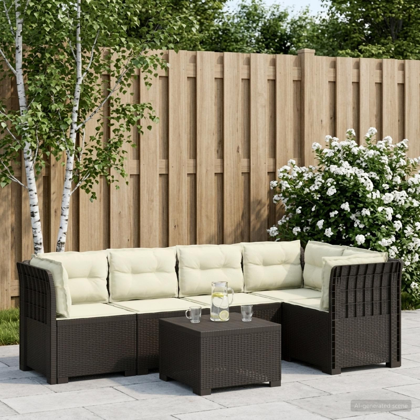 vidaXL 5-Sitzer Gartensofa mit Kissen Rattan-Look PP Hellgrau