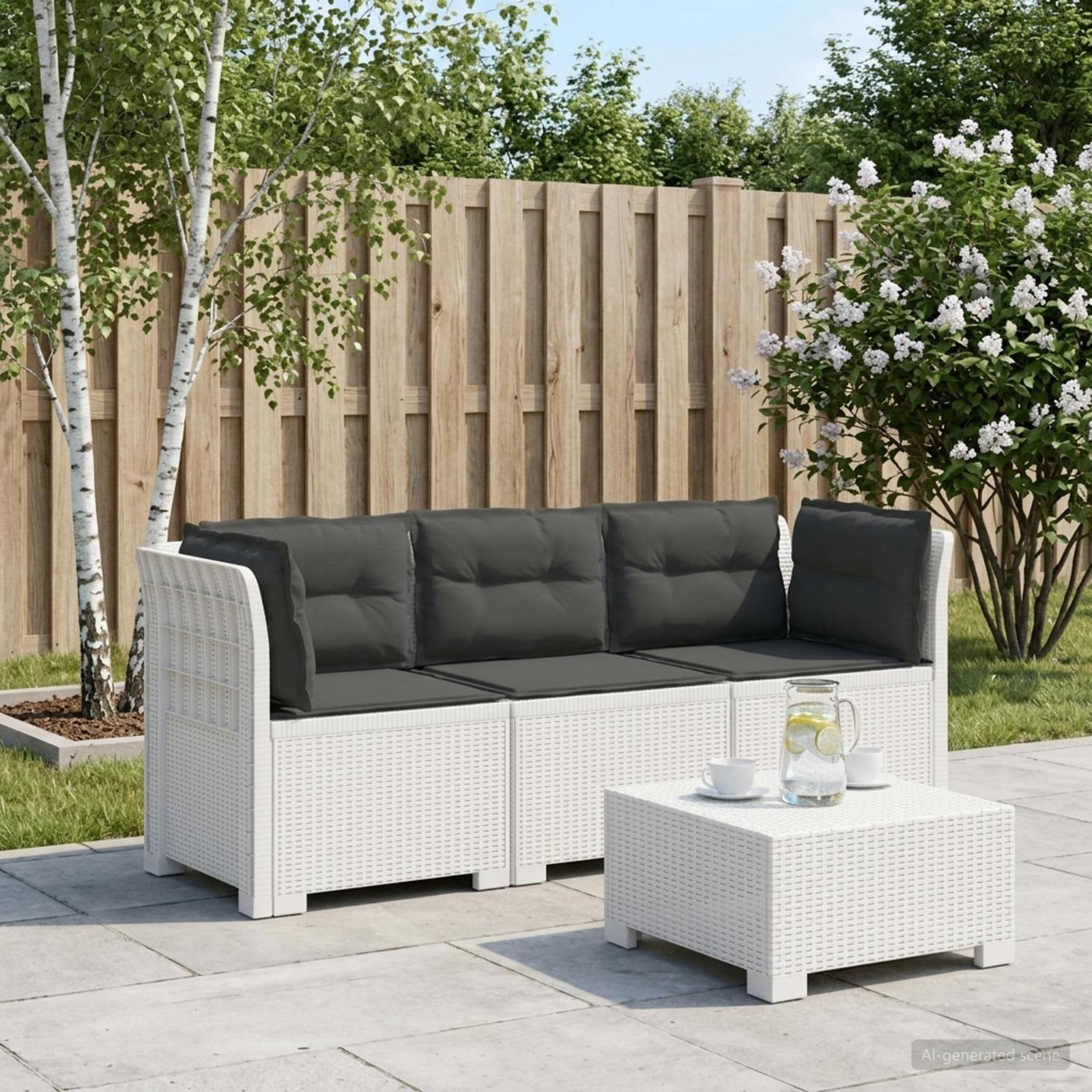vidaXL 3-Sitzer Garten Sofa mit Kissen Rattan-Look PP Weiß