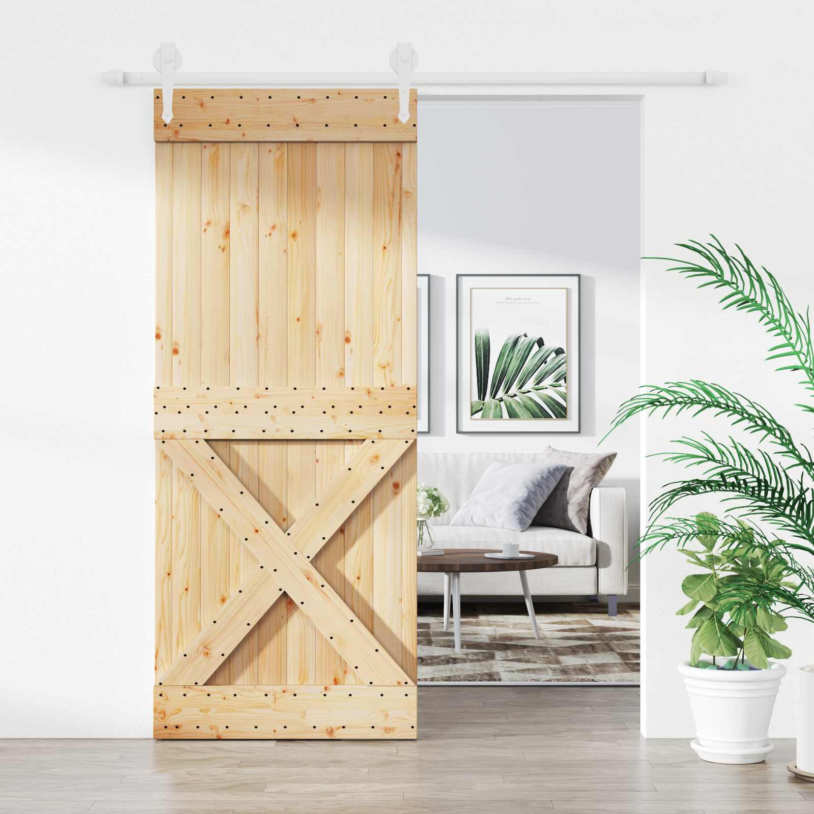 vidaXL Schiebetür Natürlich und Weiß 85 x 210 cm Massivkiefer