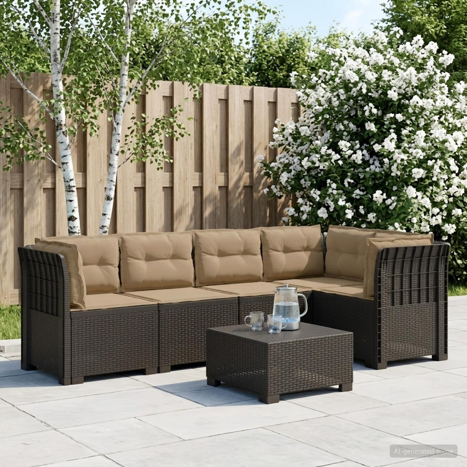 vidaXL 5-Sitzer Gartensofa mit Kissen Rattan-Look PP Hellgrau