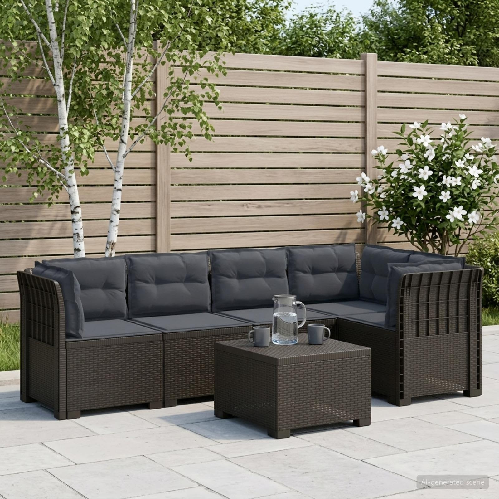 vidaXL 5-Sitzer Gartensofa mit Kissen Rattan-Look PP Hellgrau