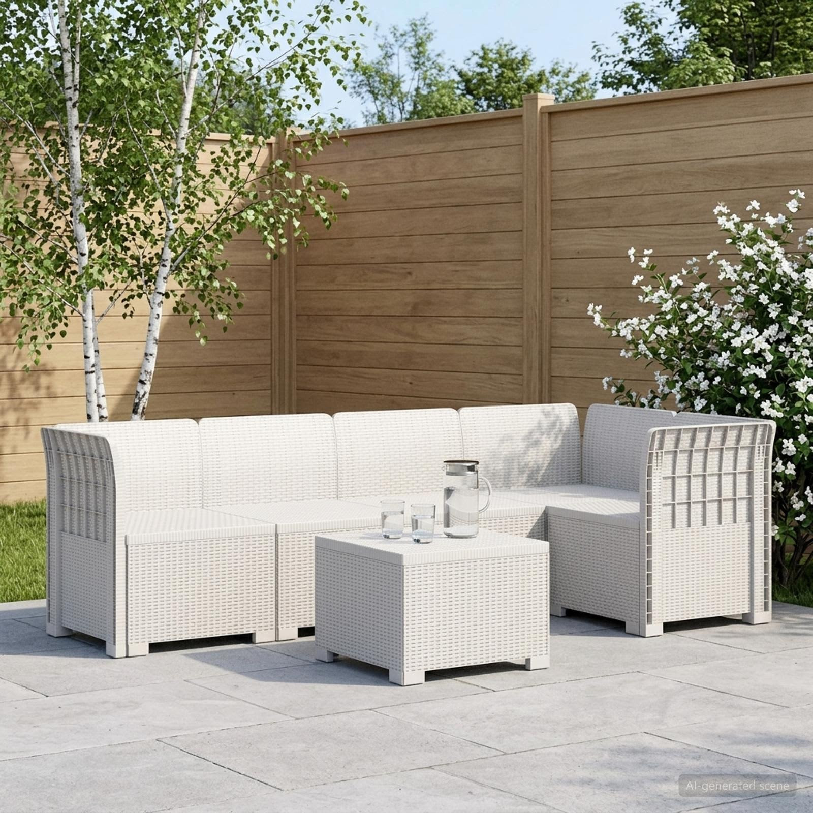 vidaXL 5-Sitzer Gartensofa Rattan-Look PP Weiß