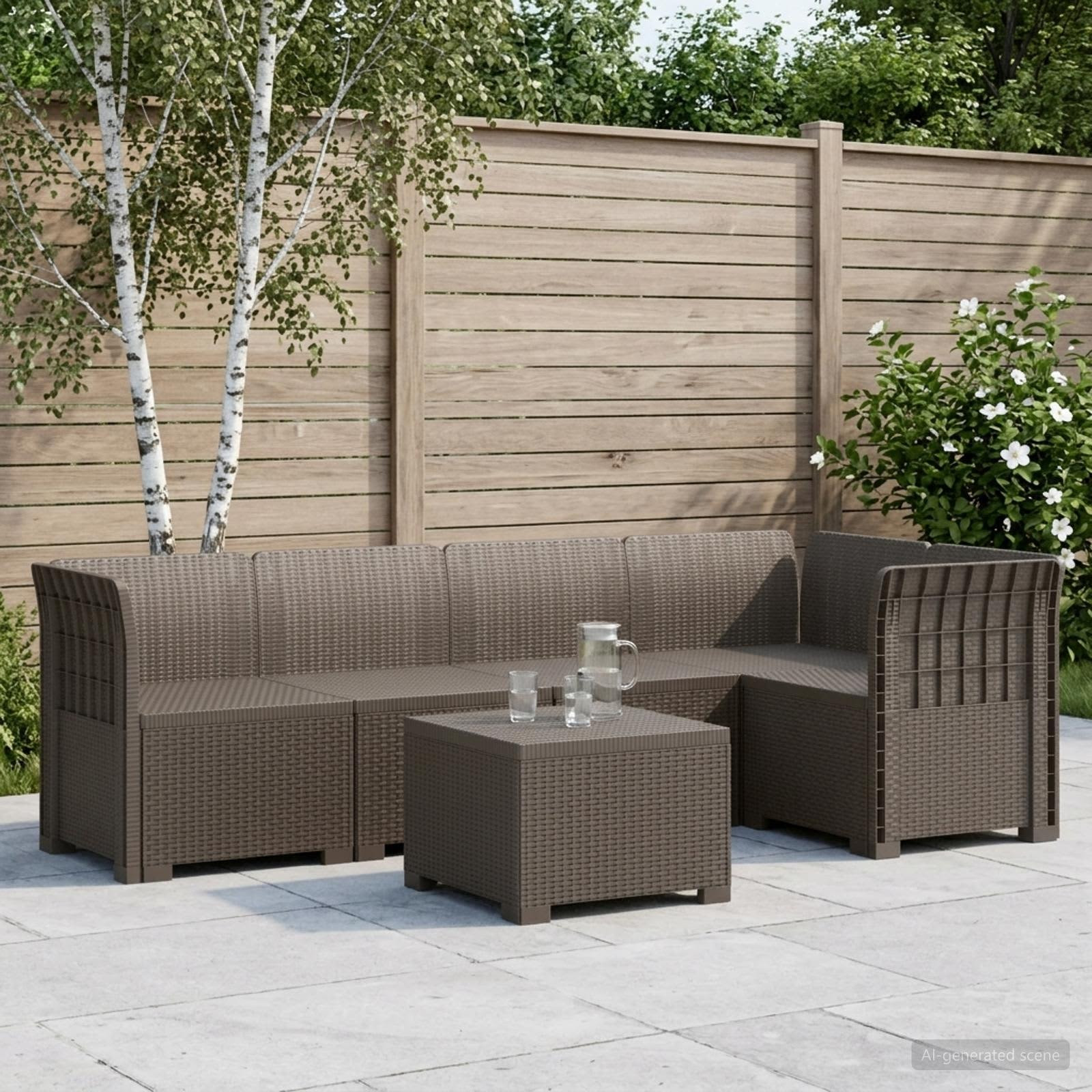 vidaXL 5-Sitzer Gartensofa Rattan-Look PP Hellgrau