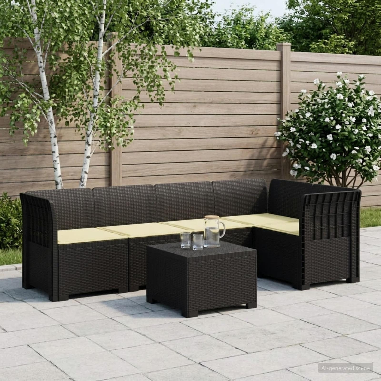 vidaXL 5-Sitzer Gartensofa mit Kissen Rattan-Look PP Anthrazit