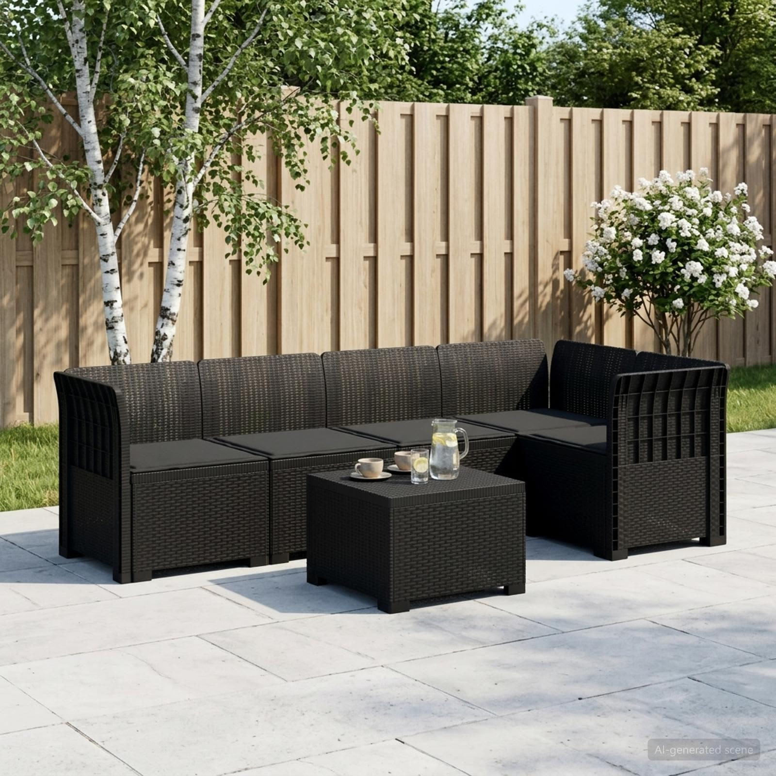 vidaXL 5-Sitzer Gartensofa mit Kissen Rattan-Look PP Anthrazit