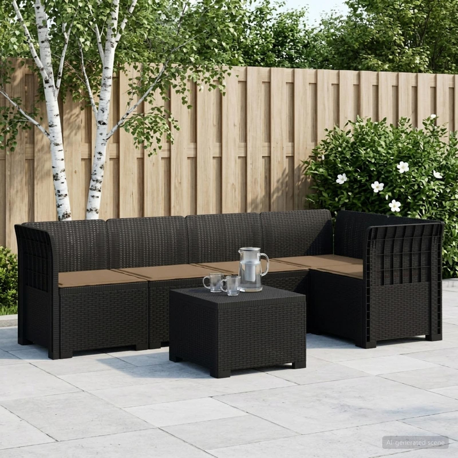 vidaXL 5-Sitzer Gartensofa mit Kissen Rattan-Look PP Anthrazit