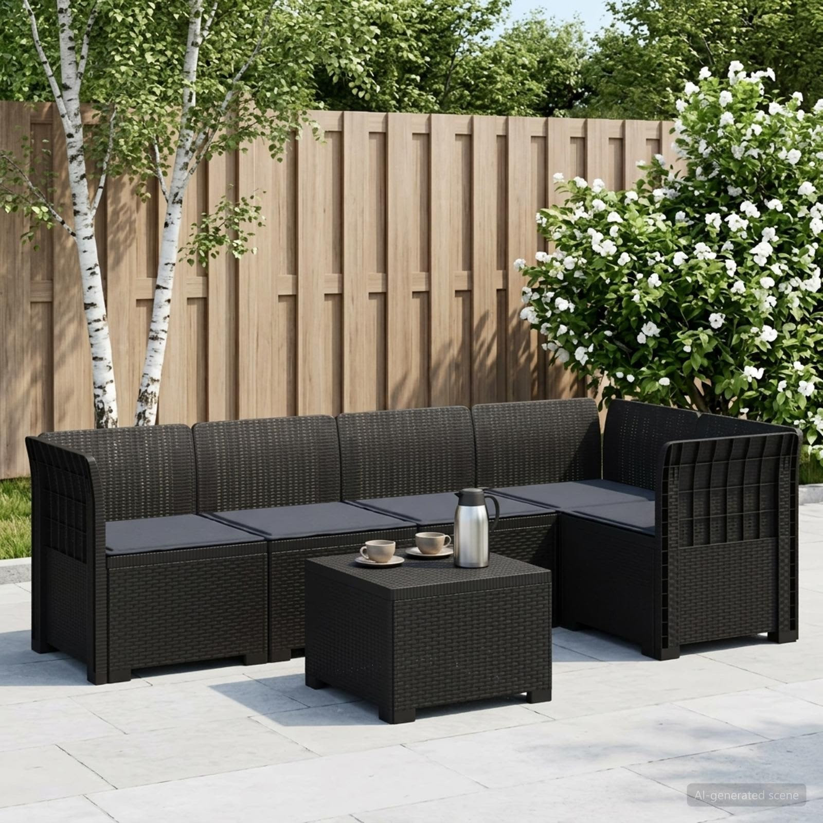 vidaXL 5-Sitzer Gartensofa mit Kissen Rattan-Look PP Anthrazit
