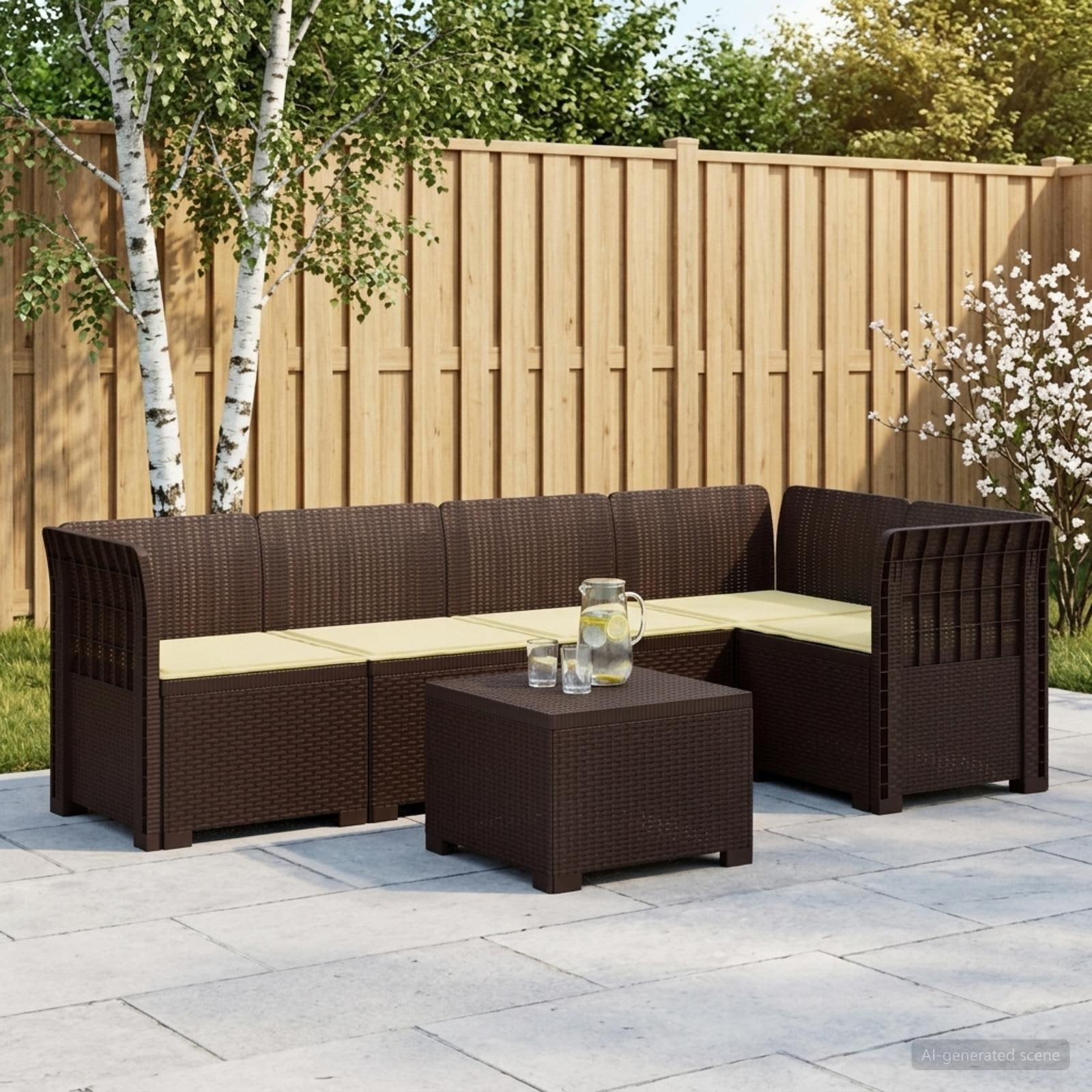 vidaXL 5-Sitzer Gartensofa mit Kissen Rattan-Look PP Braun