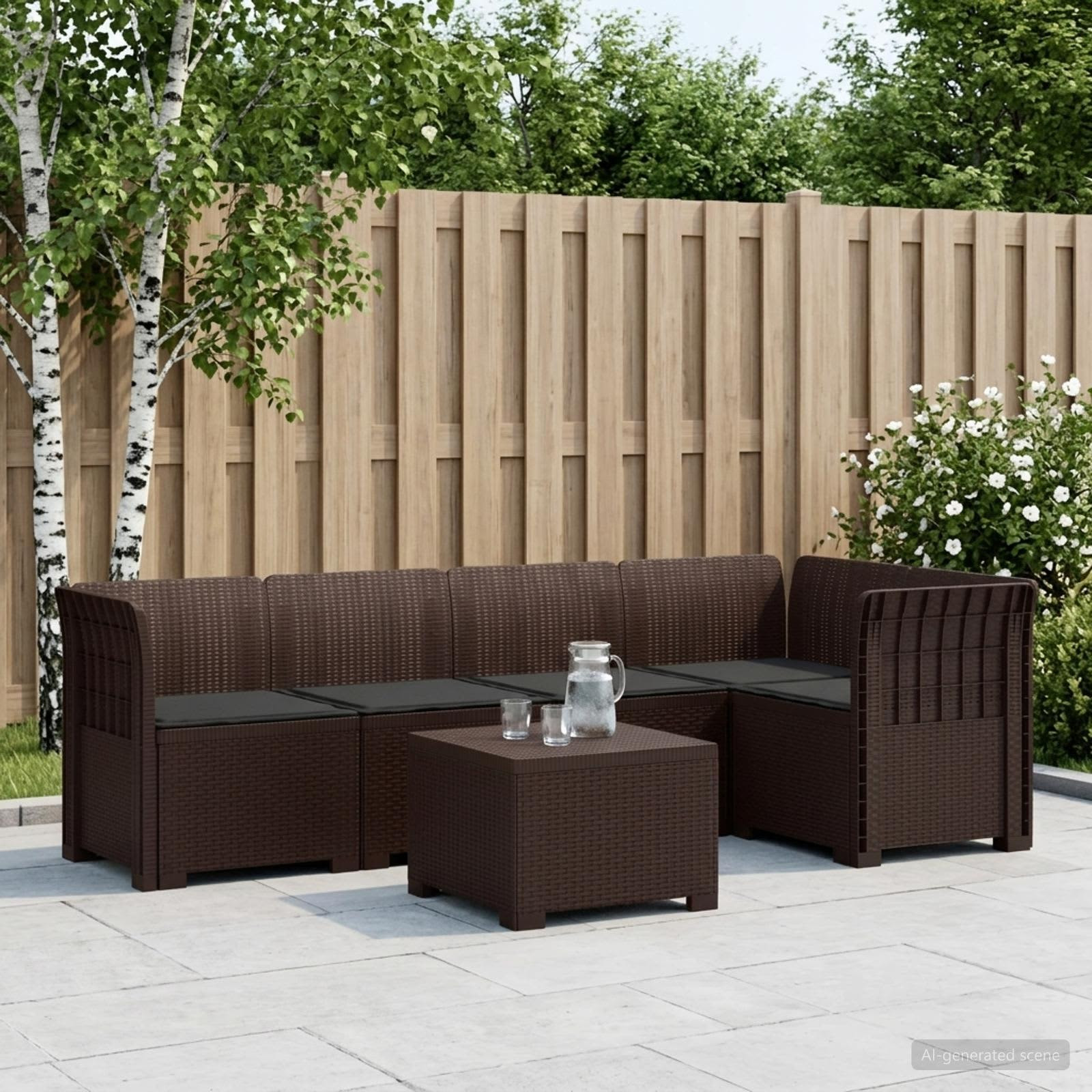 vidaXL 5-Sitzer Gartensofa mit Kissen Rattan-Look PP Braun
